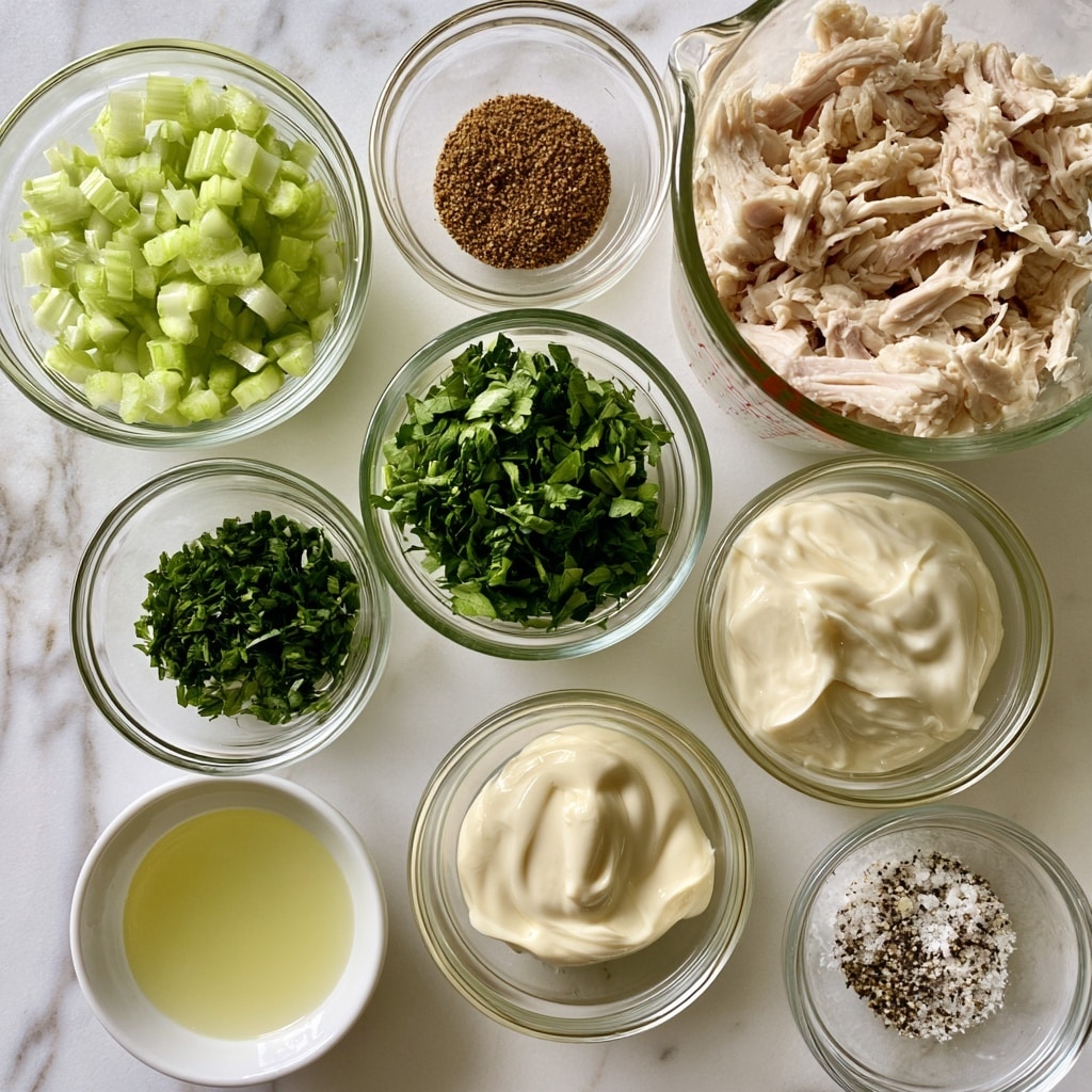 The image shows seven small clear glass bowls arranged on a white marbled surface. Each bowl contains a separate ingredient: finely chopped light green celery in the top left bowl, ground brown celery seed above the center, shredded pale cooked chicken in a measuring cup on the top right, finely chopped dark green parsley below the celery seed, smooth white mayo below the parsley, light yellow lemon juice in a small white bowl on the bottom left, and a mix of salt and pepper specks in a clear bowl on the bottom right. All ingredients are neatly portioned and clearly visible. photo taken with an iphone --ar 4:5 --v 7