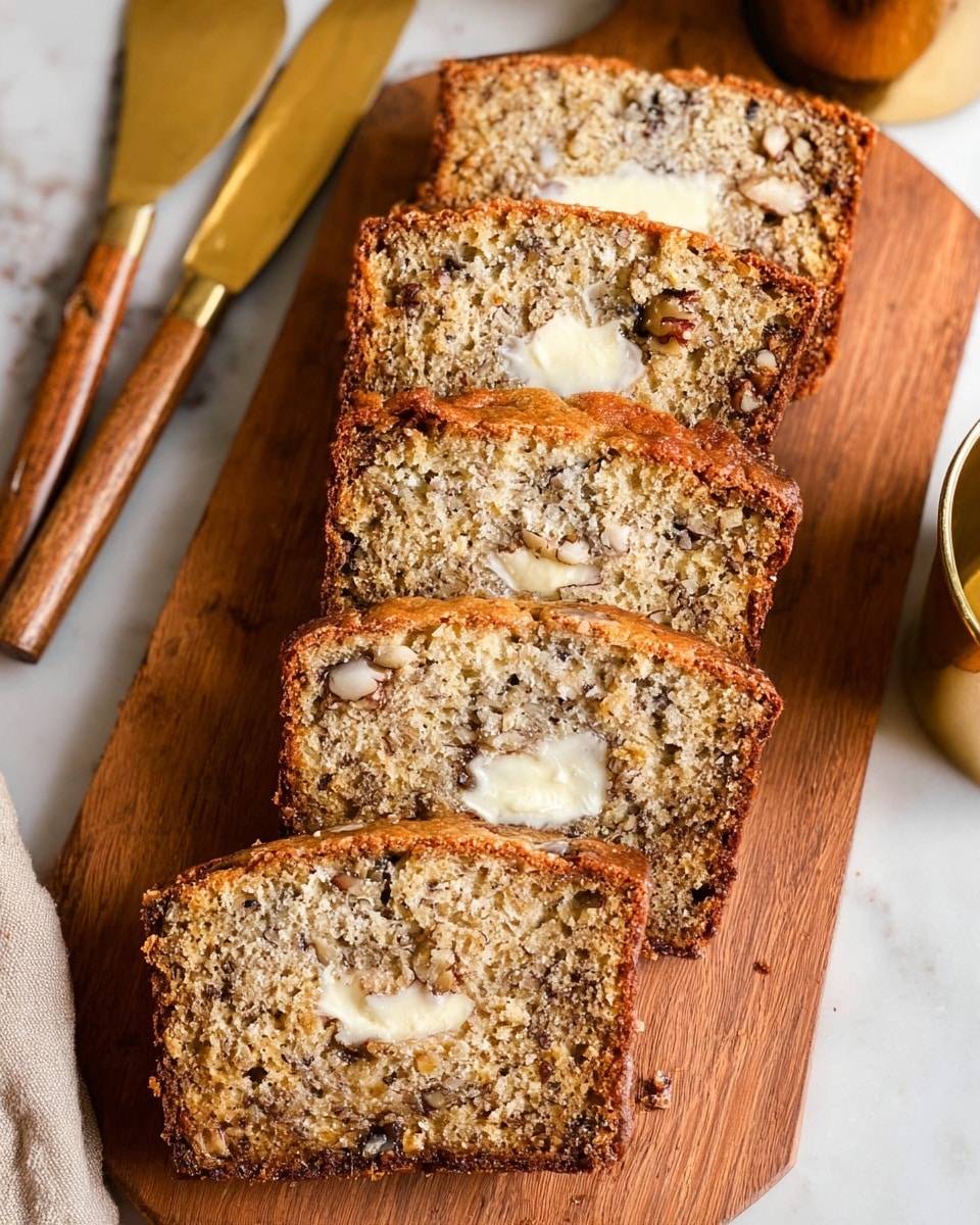 Six slices of nut-filled banana bread stand upright on a wooden board with three slices on each side. Each slice has a rough golden-brown crust with a soft, light brown center speckled with dark pieces of nuts. A smooth layer of melted butter is spread unevenly across the middle of each slice, creating a shiny contrast against the bread's texture. Above the slices, a set of wooden utensils with golden handles lies out of focus, while to the right, a brass cup with a shiny surface rests on the board. The whole scene is set against a white marbled surface. Photo taken with an iphone --ar 4:5 --v 7