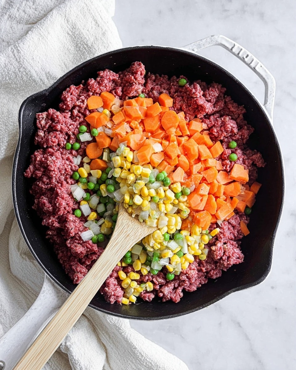 A black cast iron pan with a white handle holds raw ground meat in deep red color at the bottom and center. Over the meat, there are layers of diced bright orange carrots, small green peas, yellow corn, and white onion pieces mixed evenly across the top. A light wooden spoon rests inside the pan on the left side. The pan is placed on a white marbled surface with a white cloth partially visible on the left side. Photo taken with an iphone --ar 4:5 --v 7