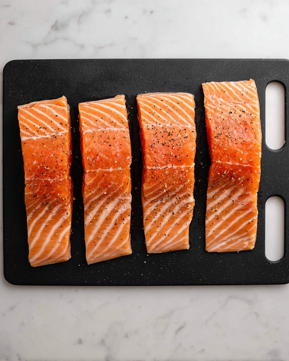 Four salmon fillets are laid out side by side on a flat black cutting board with a round hole in the top right corner. Each fillet shows bright orange flesh with lighter pink and white natural fat lines that create a striped pattern. The surface of the salmon is sprinkled with small black pepper grains and a light layer of oil, giving a slight shine. The cutting board rests on a white marbled surface, adding a clean and soft contrast to the rich colors of the fish. Photo taken with an iphone --ar 4:5 --v 7