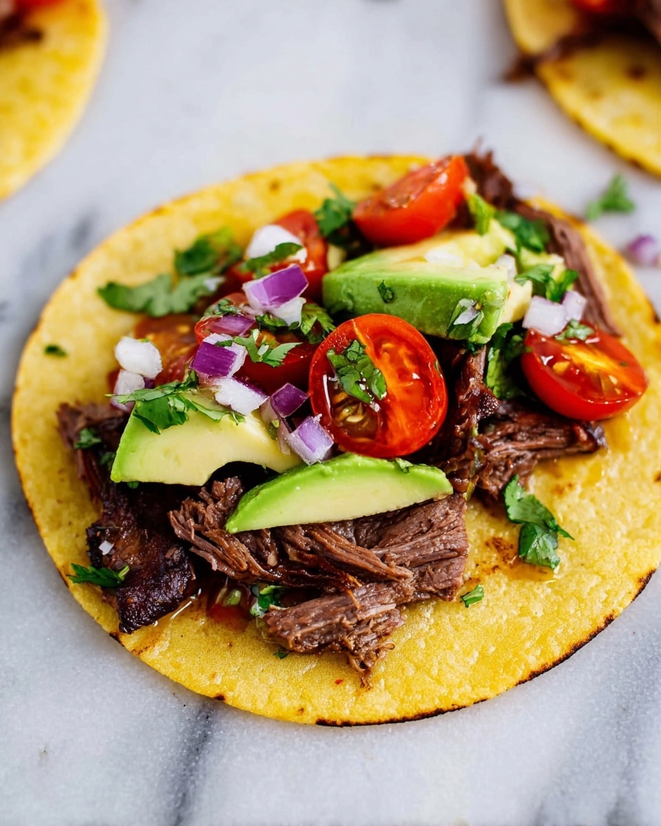 A close-up of a yellow corn tortilla laid flat on a white marbled surface, topped with a layer of small slices of dark grilled meat as the base. On top of the meat, there are fresh, bright red cherry tomato quarters, avocado slices with light green inside and darker green skin, small pieces of purple-red onion, and sprinkled green cilantro leaves. The colors are vibrant and the textures show the softness of the tortilla and tender meat with fresh vegetable toppings. Photo taken with an iphone --ar 4:5 --v 7
