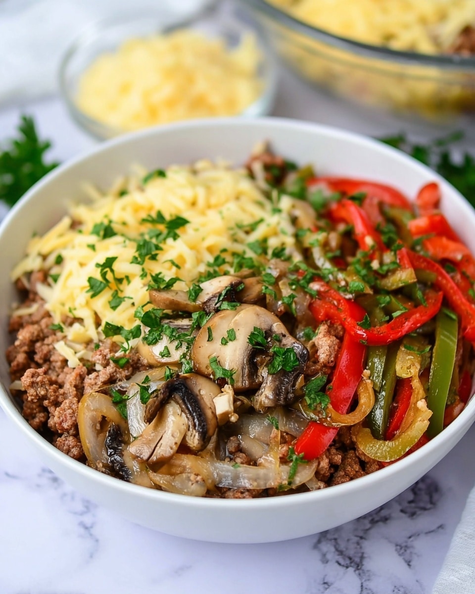 A close-up of a fork holding a mix of cooked ground beef, sliced brown mushrooms, translucent sautéed onions, and bright red bell pepper strips, with small bits of green herbs scattered on top. In the blurred background, more of the same mixture and some melted cheese are visible on a white marbled surface. The textures show the softness of the meat, the slight gloss of the cooked vegetables, and the stringy melted cheese underneath. photo taken with an iphone --ar 4:5 --v 7