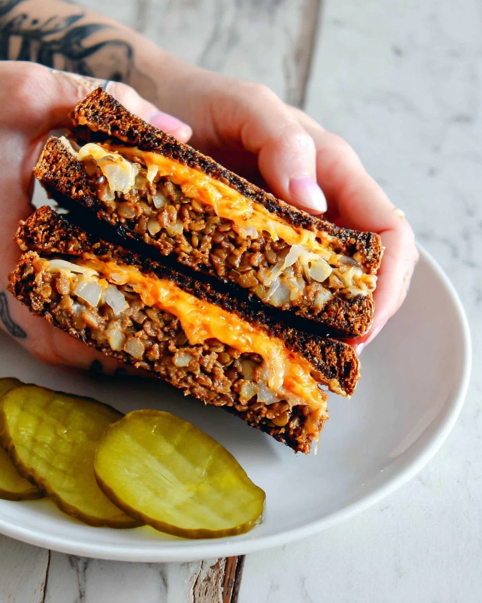 The image shows two thick sandwich halves held closely by a woman's hand with a tattoo visible. Each sandwich half has three layers: a dark toasted bread on the outside, a middle layer filled with small, crumbly textured brown lentils or ground ingredients mixed with bits of white shredded cheese or onion, and a top inner layer of melted orange sauce or cheese with some onion slices. The sandwiches are placed on a white plate, which also holds two green pickle slices on the side. The background is a white marbled surface. Photo taken with an iphone --ar 4:5 --v 7