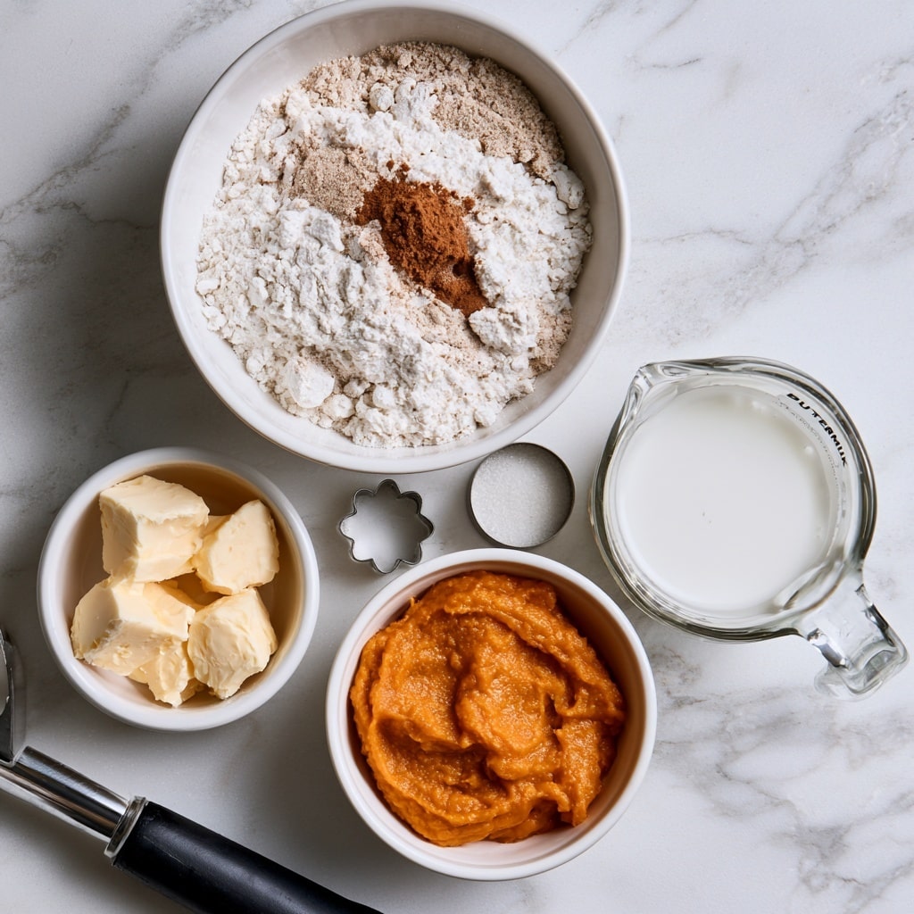 The image shows four ingredients on a white marbled surface. At the top left, there is a small white bowl filled with smooth orange pumpkin puree. To the right of it, a white pitcher with a thin black rim is filled with white milk and some foam visible on top. Below these, there is a wooden bowl containing brown pumpkin pie spice. Next to it, a copper spoon with a wooden handle holds dark amber honey. In the background, there are small white pumpkins placed on the white marbled surface. The image has text labels near each ingredient stating