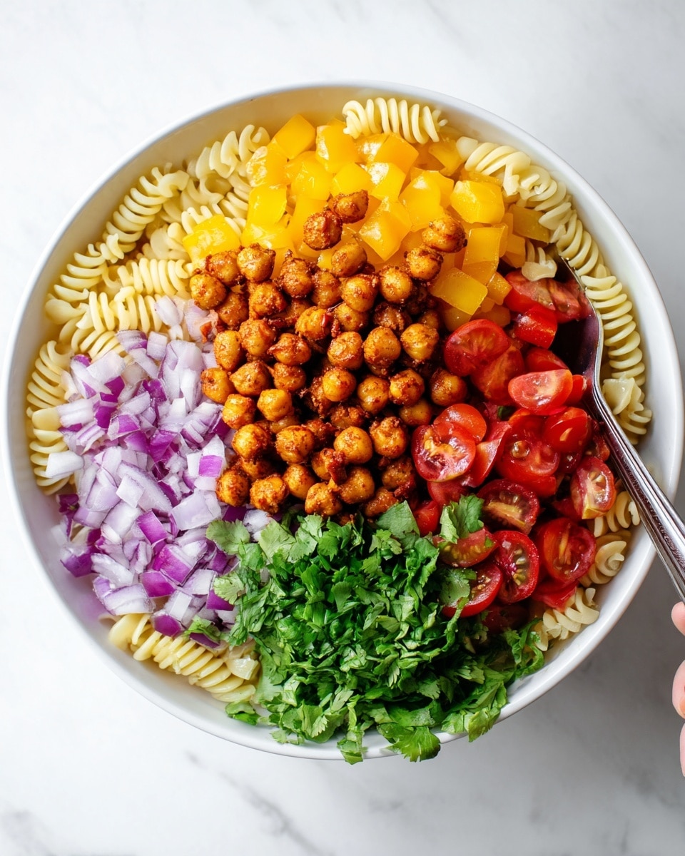A white bowl sits on a white marbled surface, filled with distinct layers of food. The base is a bed of pale yellow curly pasta. On top, from left to right, there are bright yellow diced bell peppers, fresh green cilantro leaves, rich reddish-orange seasoned chickpeas, finely chopped purple onions, and halved shiny red grape tomatoes. A woman's hand with a fork appears on the right side, ready to dig into the bowl. The overall look is colorful and fresh, showing a mix of textures from soft pasta, crunchy vegetables, and firm chickpeas. photo taken with an iphone --ar 4:5 --v 7