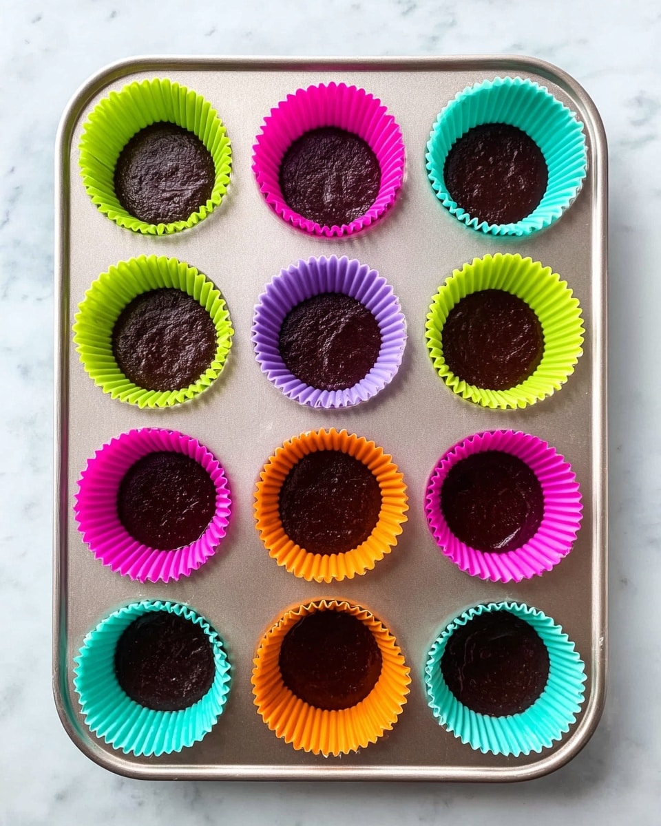 A metal baking tray with eight colorful silicone cupcake liners arranged in two columns of four. Each liner is filled with dark chocolate batter, smooth with a slightly bumpy texture on top. The liners are bright green, purple, pink, orange, yellow, and turquoise, all on a white marbled surface. The image is taken from above, showing the shiny tray and the even distribution of batter in each liner photo taken with an iphone --ar 4:5 --v 7