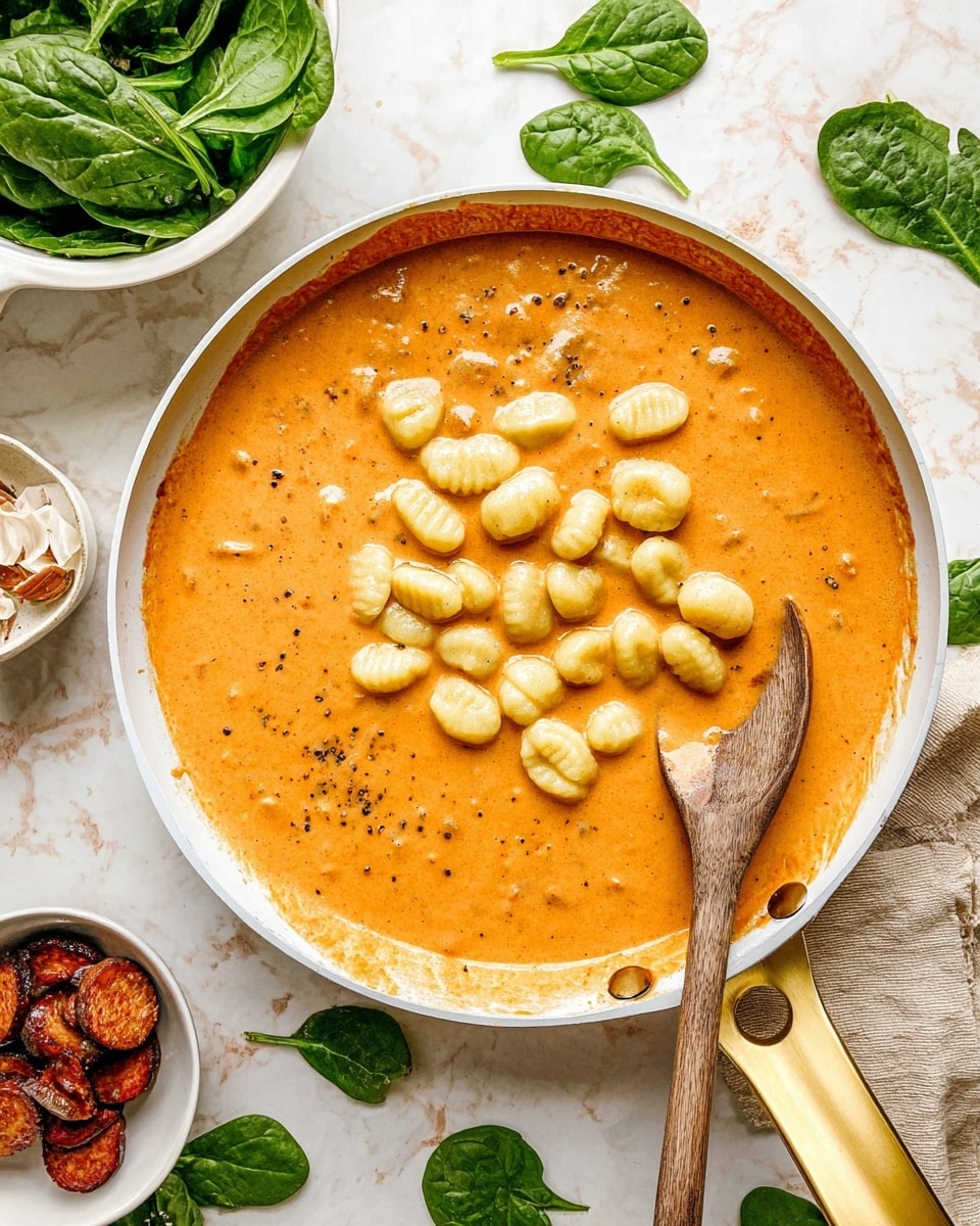 The image shows a close-up of a white pan filled with thick orange creamy sauce with small black specks, topped with a cluster of pale yellow gnocchi pieces floating on the sauce's surface. A wooden spoon is partially submerged in the sauce near the right side of the pan, showing some sauce on its surface. The pan has a gold-colored handle. Surrounding the pan are loose spinach leaves scattered on a white marbled surface, a white bowl filled with fresh green spinach leaves in the top left corner, and a small white bowl with browned sausage slices in the bottom left corner. Photo taken with an iphone --ar 4:5 --v 7