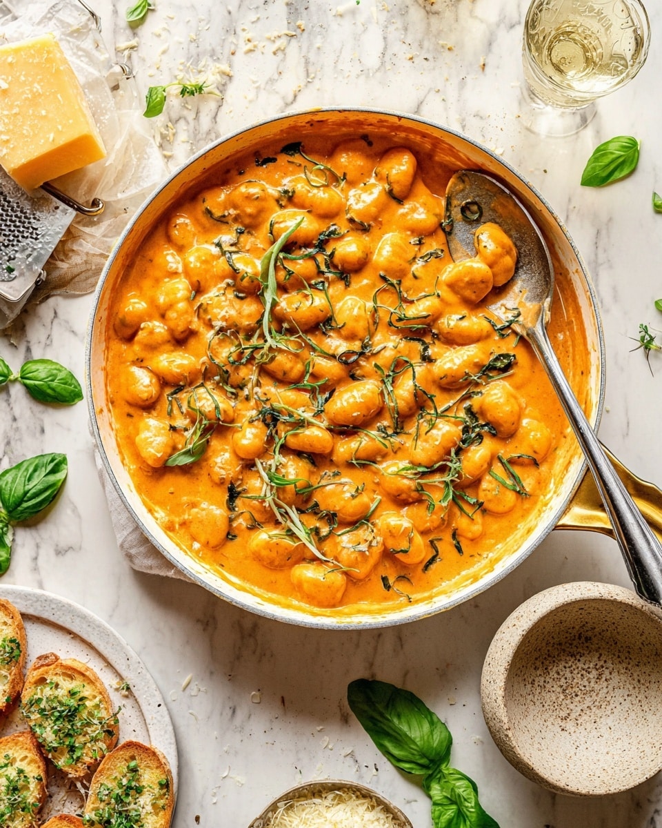 A white pan with a gold handle is filled with creamy orange sauce covering soft gnocchi pieces. Bright green sliced basil is scattered on top, adding fresh color. A silver spoon rests inside the pan, partially in the sauce. Around the pan, there is a piece of yellowish parmesan cheese on a grater, a textured beige empty bowl with a spoon inside, a glass with light liquid, and slices of garlic bread with green herbs on a white plate. The whole scene is set on a white marbled surface with scattered basil leaves. Photo taken with an iphone --ar 4:5 --v 7