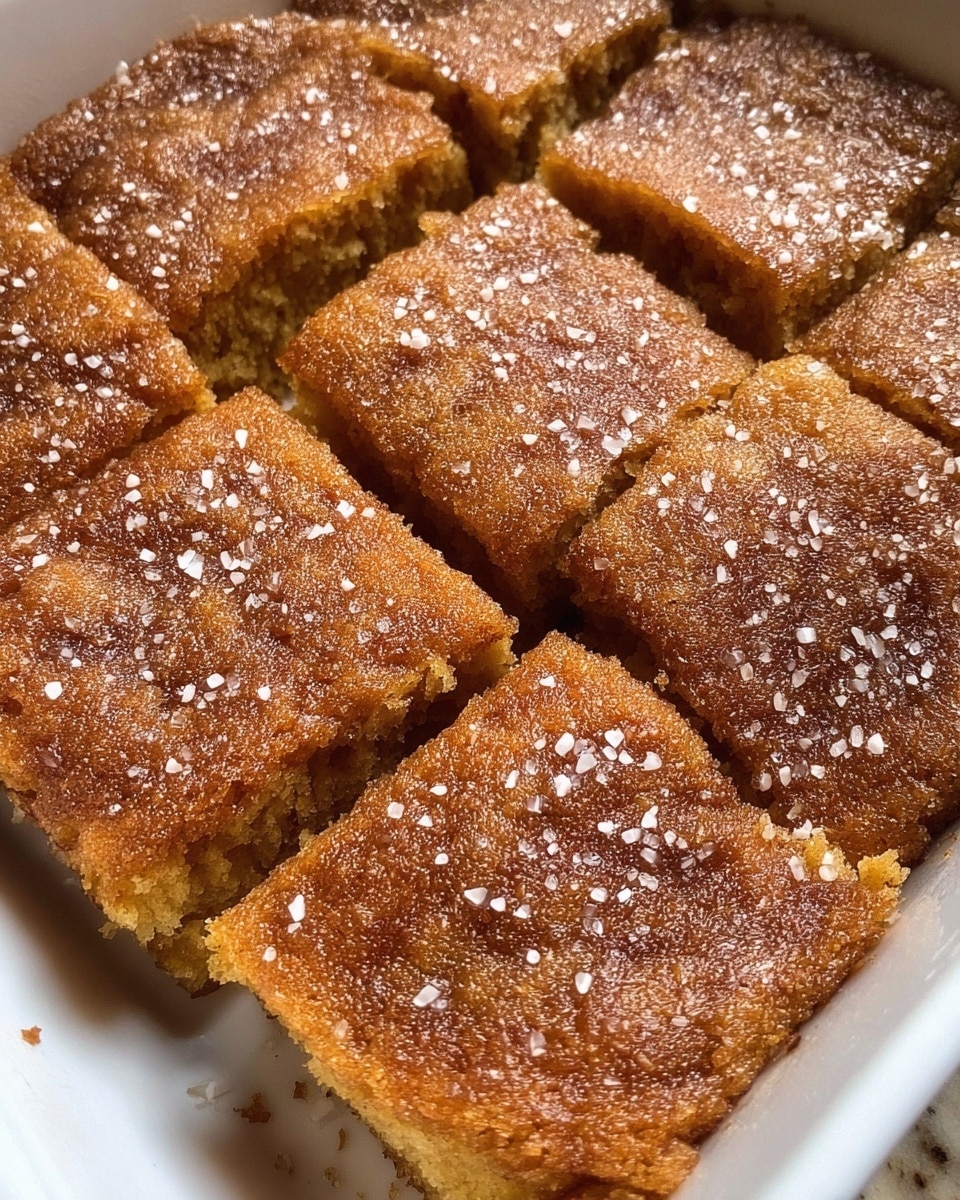 A close-up view of nine square pieces of a light brown cake in a white dish, each piece topped with a layer of coarse sugar crystals that add a sparkling texture; the cake has a soft and slightly cracked surface, with edges that are a little darker than the middle, showing a baked crust. photo taken with an iphone --ar 4:5 --v 7