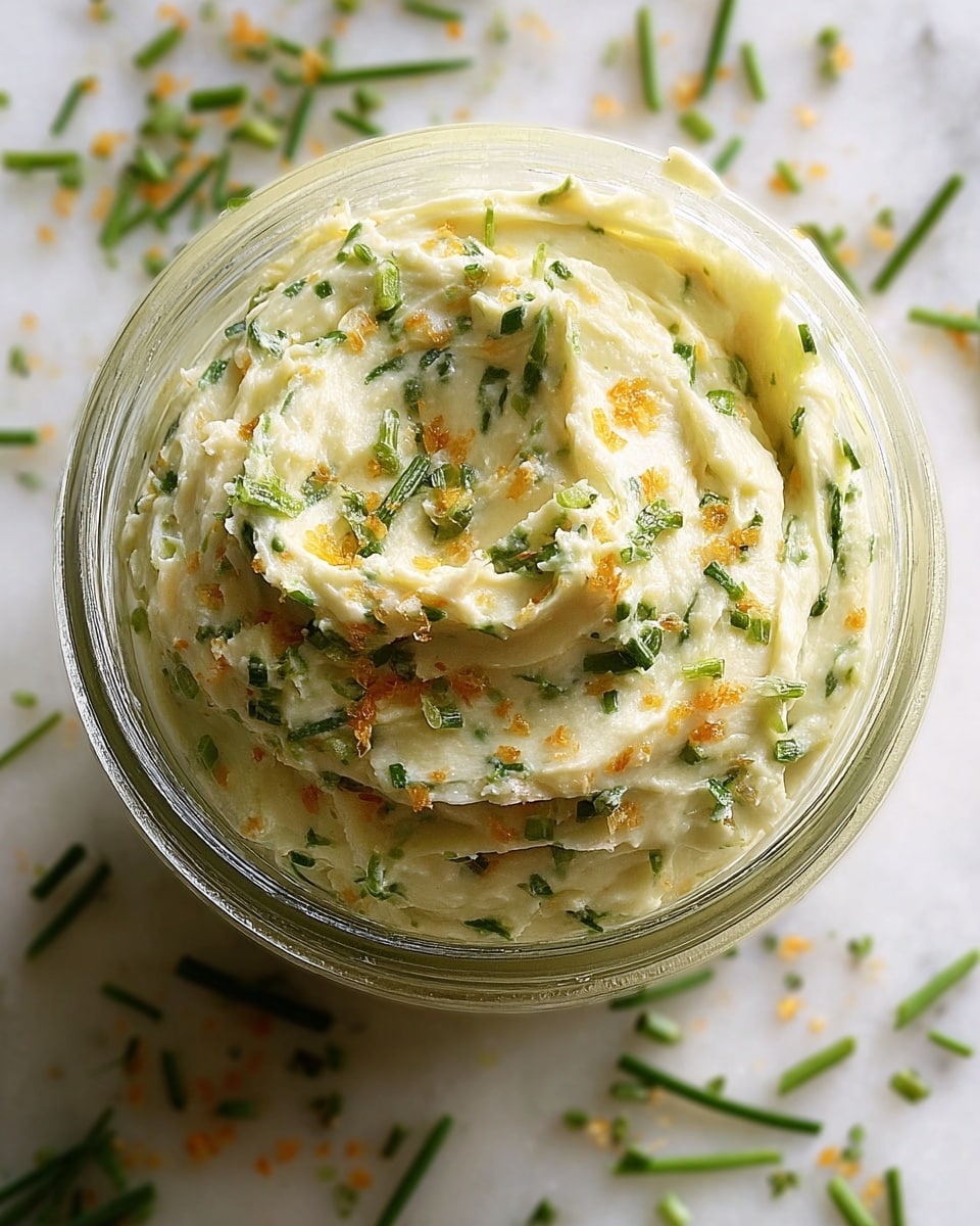 A glass jar filled with a creamy, pale yellow spread that has small green herbs mixed evenly throughout. The surface of the spread is swirled with visible bits of green onions or chives and some orange seasoning sprinkled on top. The jar sits on a white marbled surface with some scattered green herbs around it, adding a fresh and natural look. photo taken with an iphone --ar 4:5 --v 7