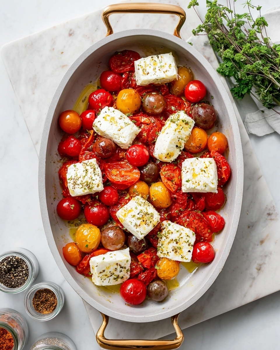A light gray oval pan with gold handles holds a mix of small whole tomatoes in red, yellow, orange, and brown shades, some slightly crushed, forming the bottom layer. Scattered on top are eight white blocks of soft cheese with a smooth texture, drizzled with golden olive oil. The pan sits on a white marbled surface with a small bunch of green herbs at the top right, and some spices in glass jars partly visible at the bottom left. Photo taken with an iphone --ar 4:5 --v 7