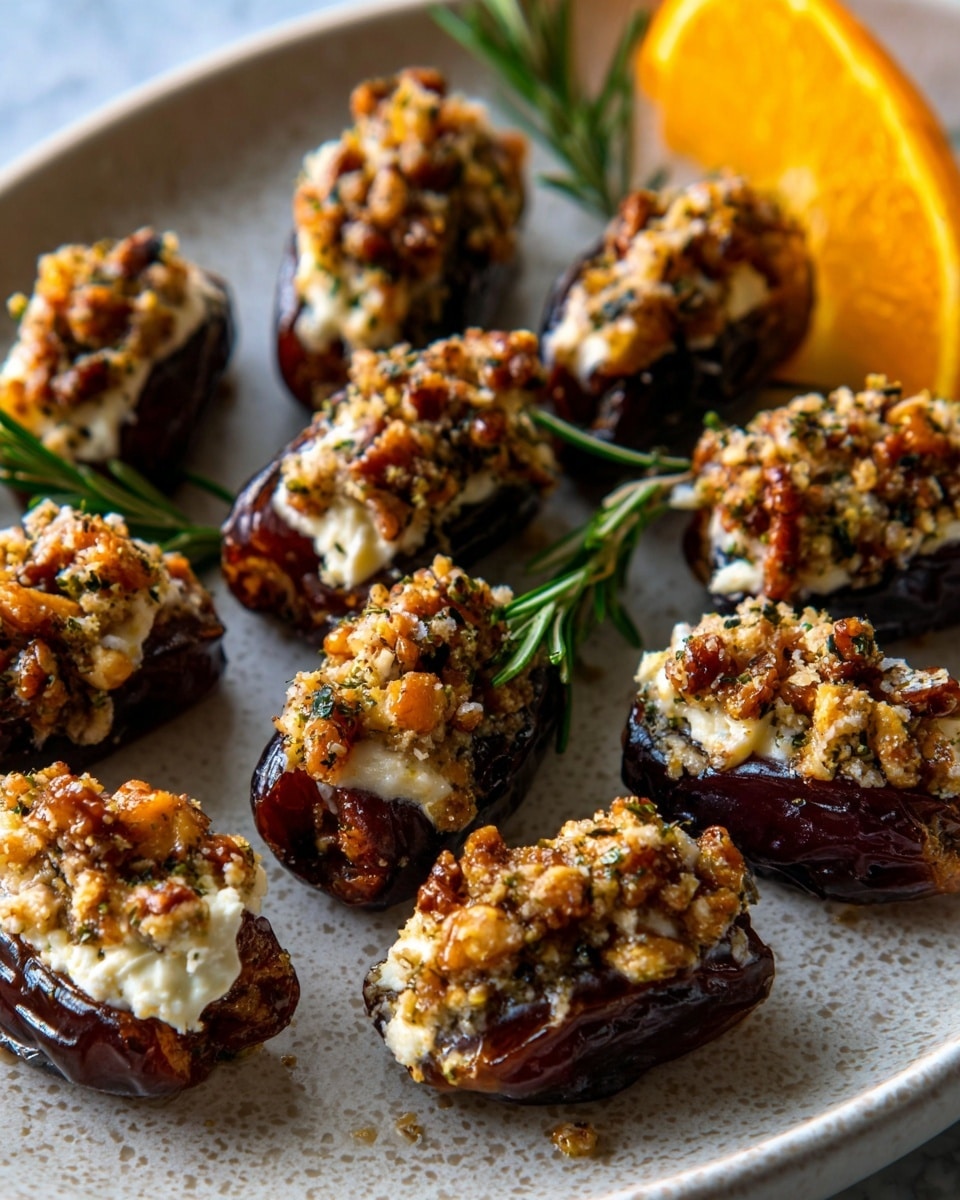A white plate with a white marbled texture surface holds multiple stuffed dates arranged in a circle. Each date is dark brown and glossy, split open to reveal a filling of creamy white cheese, topped with a layer of finely chopped golden-brown nuts mixed with herbs. Sprigs of green rosemary lay among the dates, and a bright orange wedge is partially visible in the top right corner. The textures include the shiny smooth dates, creamy cheese, and crunchy nut topping. Photo taken with an iphone --ar 4:5 --v 7