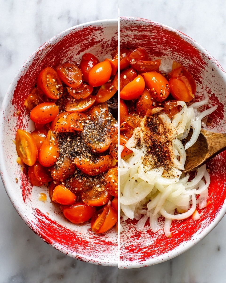 A white bowl with red splatter pattern is filled with a mix of fresh sliced orange tomatoes and small orange cherry tomatoes forming the bottom layer. On top, there are thinly sliced white onions scattered around. The onions are topped with a sprinkle of ground black pepper and small ground dark brown spice piles. The next image shows the ingredients mixed together, displaying a shiny, moist texture from the dressing, giving the tomatoes and onions a vibrant and fresh look. A wooden spoon rests inside the bowl, which is placed on a white marbled surface photo taken with an iphone --ar 4:5 --v 7