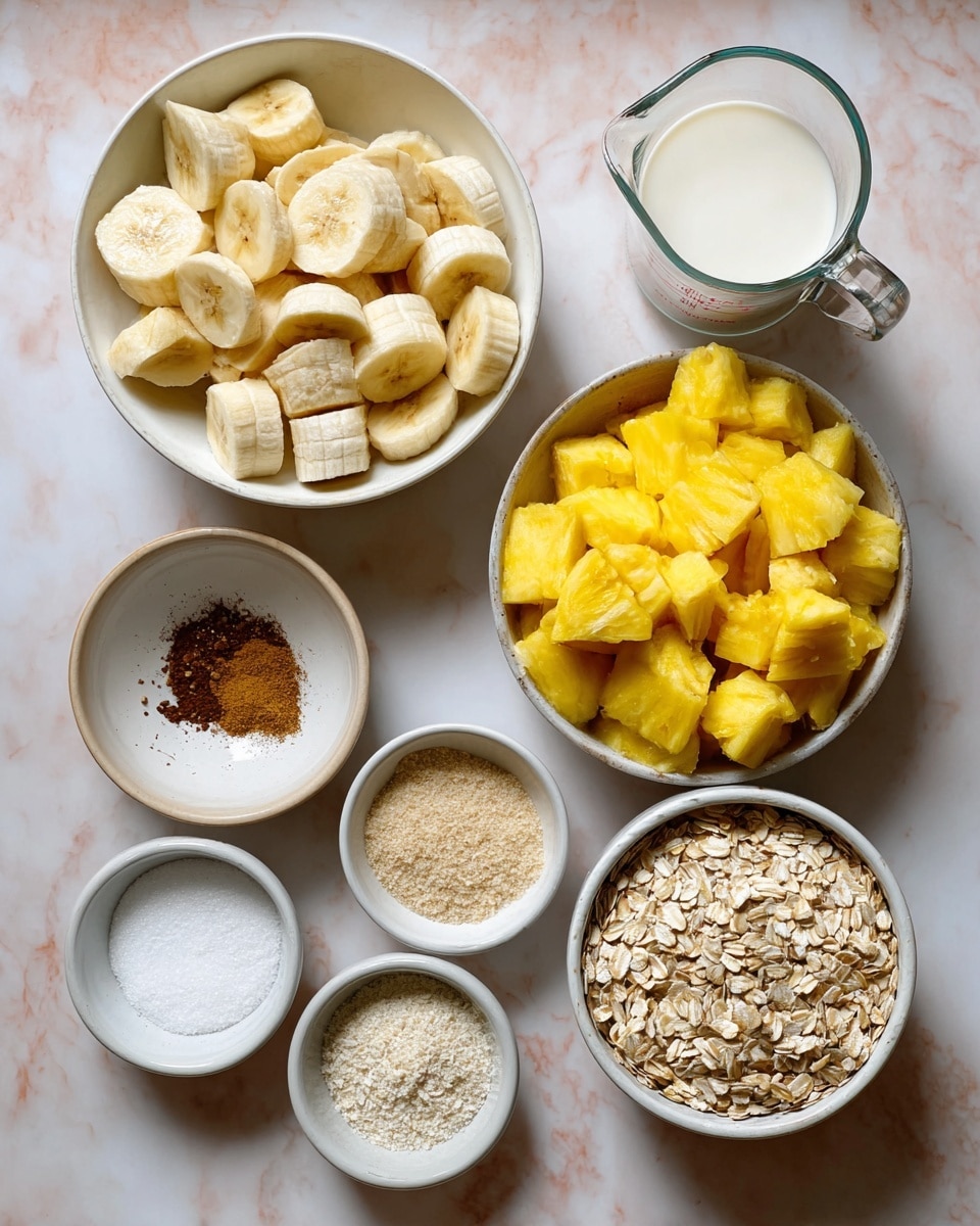 The image shows many ingredients placed on a white marbled surface, including a white bowl filled with sliced pale yellow banana pieces at the top left, a glass measuring cup with off-white milk to the right, and a large bowl full of bright yellow pineapple chunks below the banana bowl. Surrounding these main items are smaller white bowls containing various powders and flakes: a bowl with dark brown spice powder, another with light beige powder, an additional one with a small pile of salt, and another with white flaky coconut. There is also a bowl filled with tan oat flakes at the bottom right. Photo taken with an iphone --ar 4:5 --v 7