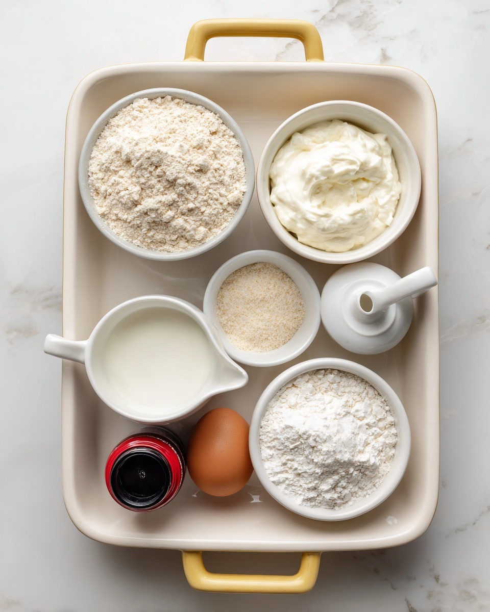 A white rectangular baking dish with yellow handles holds six small white bowls and containers arranged inside. From top left to bottom right, the first bowl is filled with light beige oat flour, next to it is a bowl with thick, creamy white Greek yogurt. Below the oat flour, a small white jug is filled with white milk. To the right of the milk, a whole brown egg rests directly in the baking dish. Next to the egg is a bowl containing light beige protein powder topped with white baking powder. In the bottom left corner, a small black bottle with a red cap contains vanilla extract. The dish is placed on a white marbled surface. photo taken with an iphone --ar 4:5 --v 7