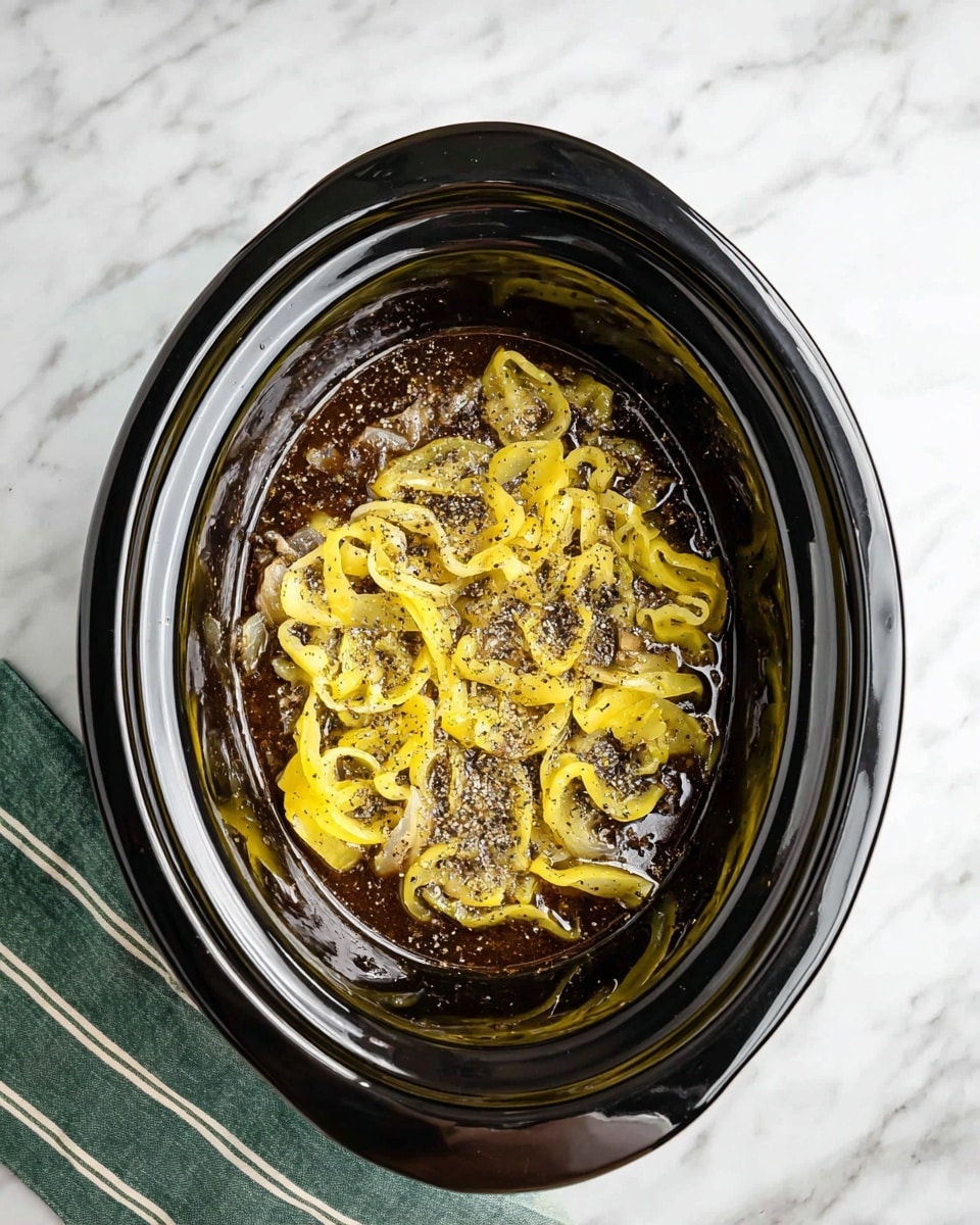 Inside a black oval slow cooker, there are three main layers visible: the bottom layer looks dark brown with a shiny, almost liquid texture; on top of that is a layer of pale yellow sliced peppers with curly, soft edges; sprinkled evenly across the peppers is a dusting of coarse black pepper and some salt. The slow cooker is placed on a white marbled surface, with a folded green napkin with white stripes lying nearby. photo taken with an iphone --ar 4:5 --v 7