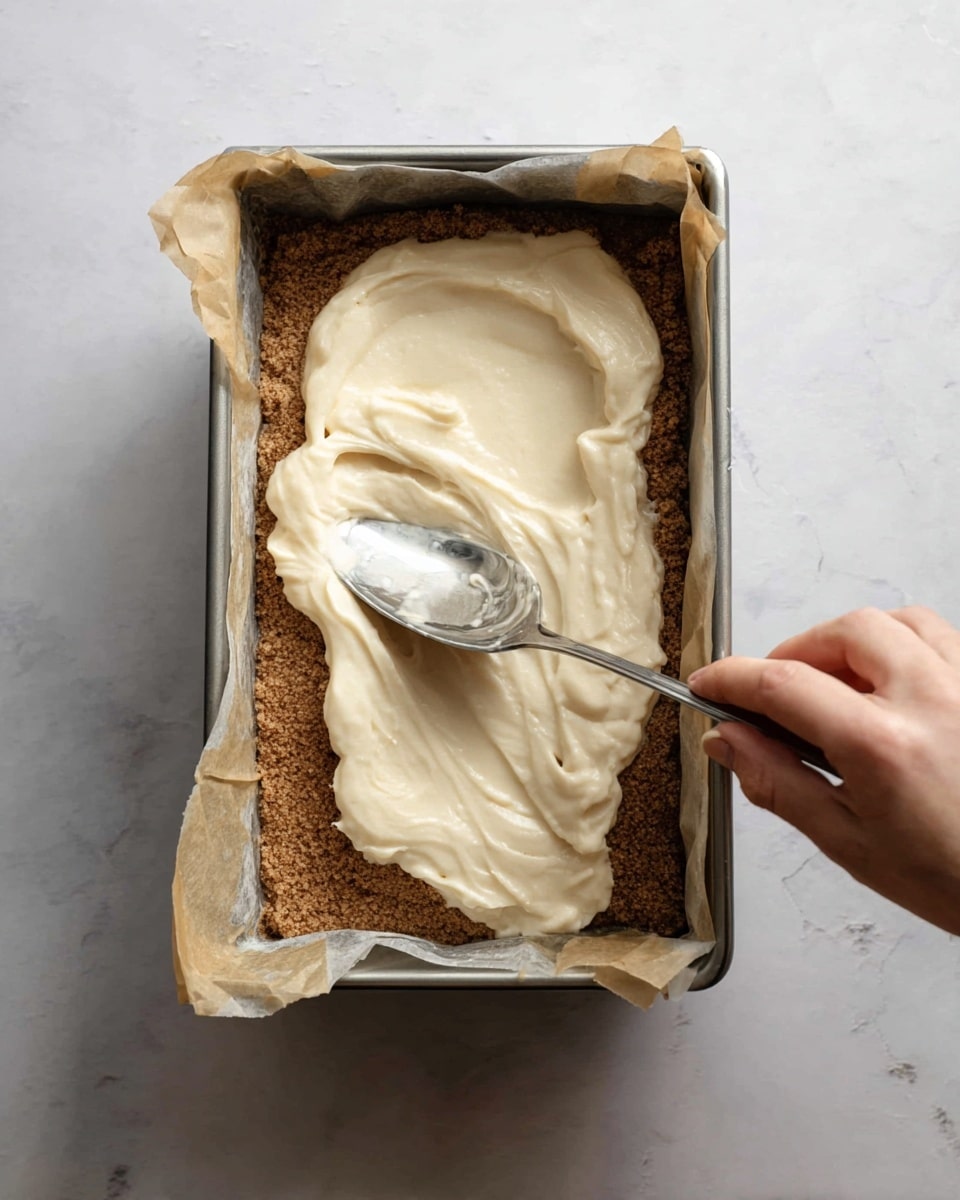 Inside a silver rectangular baking pan lined with crumpled parchment paper, there are two layers: a crumbly, brown crust layer on the bottom and a thick, creamy white layer being spread on top with a shiny metal spoon held by a woman's hand. The crust looks coarse and evenly pressed, while the creamy layer has a smooth, soft texture with some swirls. The pan sits on a white marbled surface with soft, natural lighting. Photo taken with an iphone --ar 4:5 --v 7