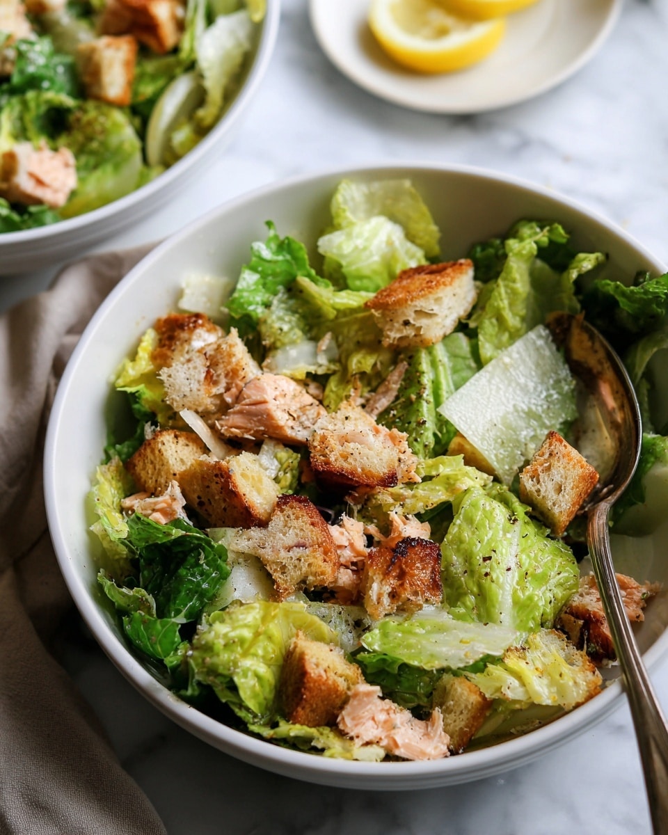 The image shows a close-up of a white bowl filled with a fresh salad made of several layers. The bottom layer has light and dark green romaine lettuce leaves. On top, there are chunks of cooked light brown salmon pieces with some darker grilled marks. The salad is also topped with golden brown croutons that are crisp and cube-shaped. A spoon inside the bowl is partly visible, with small bits of salad around the rim. In the background, a slice of lemon on a small white plate and part of another bowl of salad appear against a white marbled surface. Photo taken with an iphone --ar 4:5 --v 7
