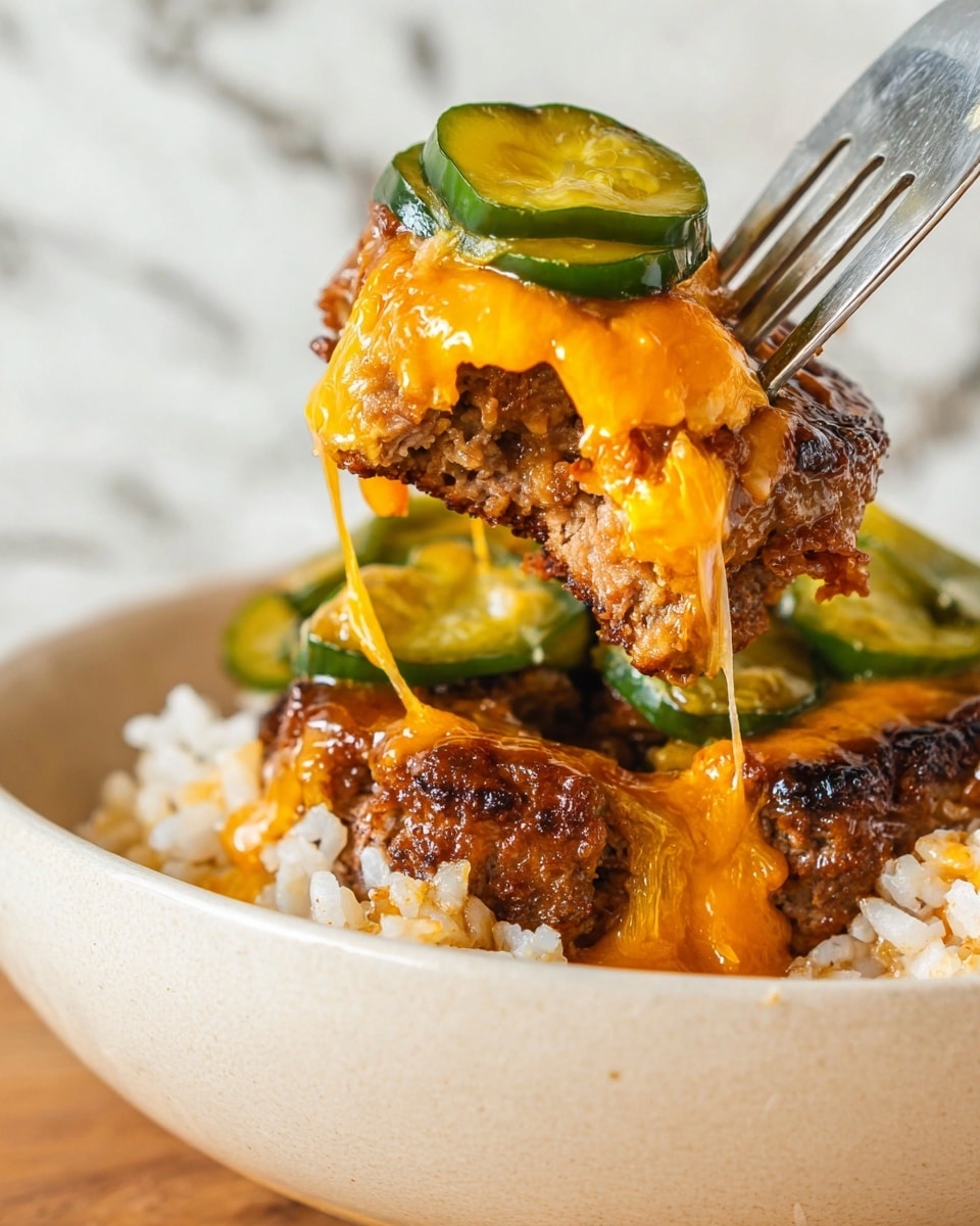 A close-up image shows a fork lifting a piece of layered dish made of three main layers: the bottom and top layers are thick, dark brown meat patties with a crispy texture, while the middle layer is melted bright orange cheese stretching and dripping. On top of the lifted meat patty, there are thinly sliced green pickles with a shiny coating. The dish rests inside a white bowl filled partially with white rice. The background and surface have a white marbled texture. photo taken with an iphone --ar 4:5 --v 7