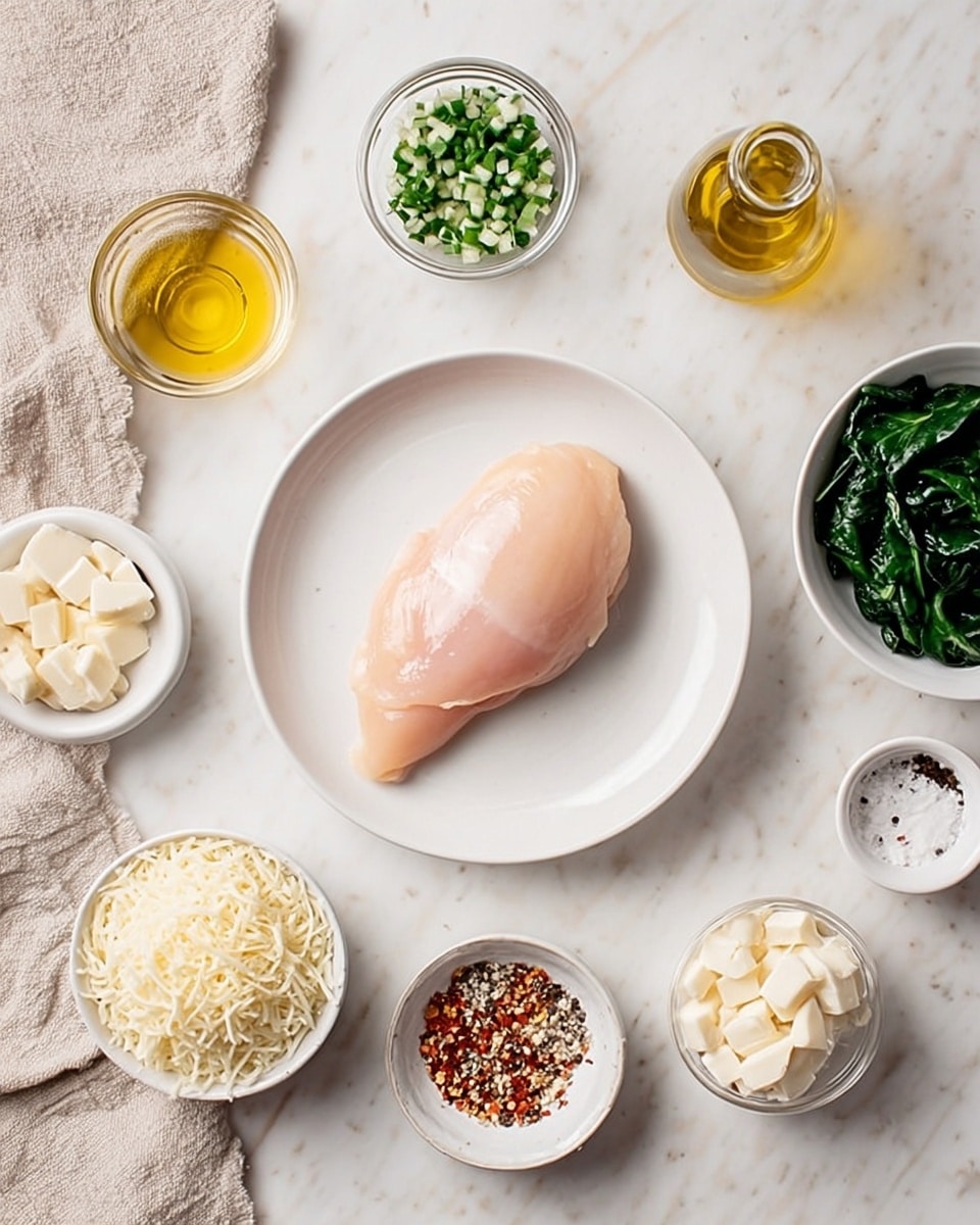 A white round plate in the center holds a single raw light pink chicken piece with a smooth texture. Around the plate on a white marbled surface are small white bowls and a clear glass container holding various ingredients: finely chopped green onions in a small bowl with bright green pieces, minced garlic in a transparent bowl with off-white bits, golden-yellow olive oil in a clear bottle, shredded white mozzarella cheese in a small bowl, light tan grated parmesan cheese in another small bowl, a bowl with white cream cheese cubes, and a mix of red pepper flakes, black pepper, and salt on a small white plate. There is also a white bowl containing dark green spinach leaves. A beige cloth is placed on the left side of the frame. Photo taken with an iphone --ar 4:5 --v 7
