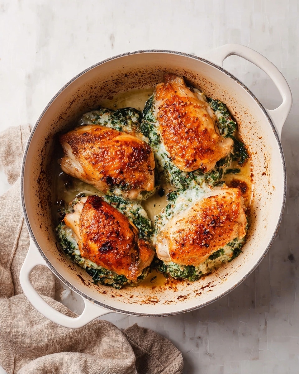 A white round pot with two handles holds four cooked chicken pieces arranged evenly inside. Each chicken piece is a golden brown color with crispy skin on top and has a green creamy spinach filling visible in the middle, peeking out from the sides. The pot shows browned cooking marks on the inside bottom surface, adding texture. The pot sits on a white marbled surface with a light brown cloth loosely placed to the left. photo taken with an iphone --ar 4:5 --v 7