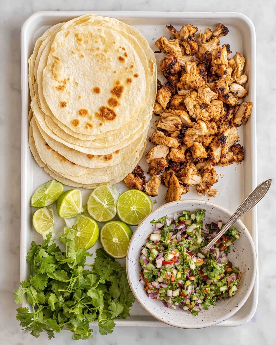 A white tray with four soft corn tortillas stacked on the top left corner, showing light brown spots from cooking. Below the tortillas, there are two golden-brown cooked seasoned chicken pieces, with a large pile of chopped chicken meat spread out in the middle of the tray. To the right, there is a small white bowl filled with a colorful mix of chopped red onions, green herbs, and peppers, with a silver spoon inside. Around the tray, there are several lime slices and two whole limes, along with some fresh cilantro leaves on the left side. The tray is placed on a white marbled surface. Photo taken with an iphone --ar 4:5 --v 7