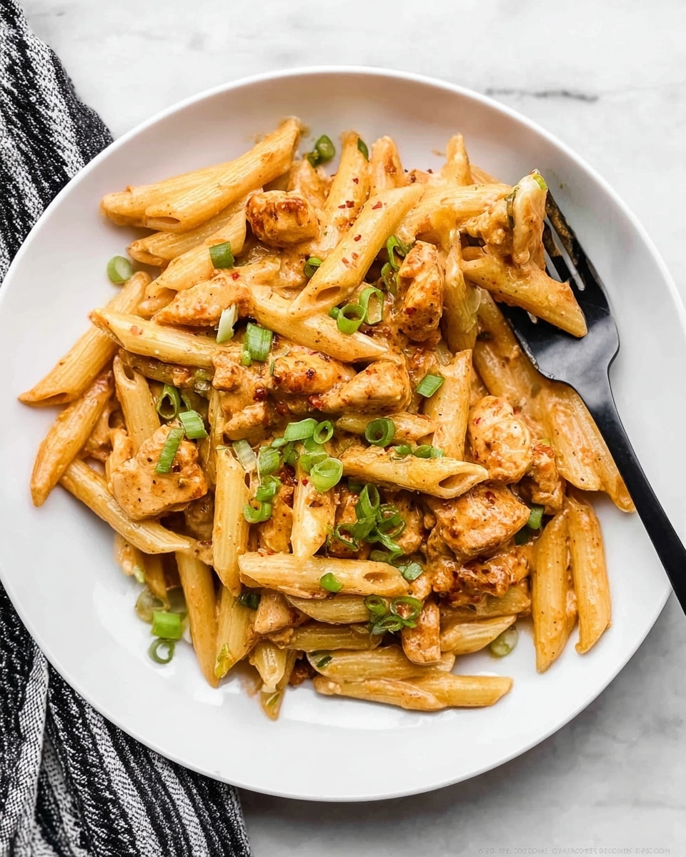 A white round plate filled with creamy pasta made of penne noodles mixed with pieces of cooked chicken coated in an orange-brown sauce. The dish is topped with small green chopped scallions scattered evenly. The pasta strands look smooth and slightly glossy from the sauce. A black fork is pierced into the pasta near the right side of the plate. The plate sits on a white marbled surface with a black and white striped cloth partially visible on the left side. photo taken with an iphone --ar 4:5 --v 7