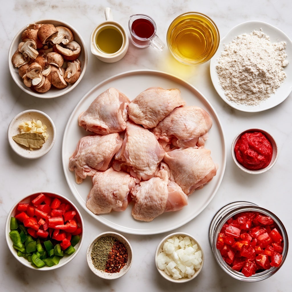 The image shows several ingredients arranged neatly on a white marbled surface. In the center, a white plate holds six raw boneless, skinless chicken thighs with a light pink color and some fat edges. Above it, a white bowl is filled with sliced brown mushrooms showing white inside. To the right, a white bowl contains red and green diced bell peppers. Above that, a smaller white bowl holds minced garlic and a bay leaf. To the left, a white plate has a pile of white flour. Moving downward, a small white bowl contains dark red tomato paste. Another small white bowl holds a mix of dried oregano, rosemary, thyme, and red pepper flakes. Next to it is olive oil in a small white container, and above that is a cup of brownish-red red wine vinegar. At the bottom left, a small white bowl carries chopped white onions. To the bottom right, a glass holding chicken broth or red wine with a golden-yellow color is visible. A can of diced red tomatoes with bright red pieces sits near the top left. The colors and textures are clearly defined with everything well separated. Photo taken with an iphone --ar 4:5 --v 7