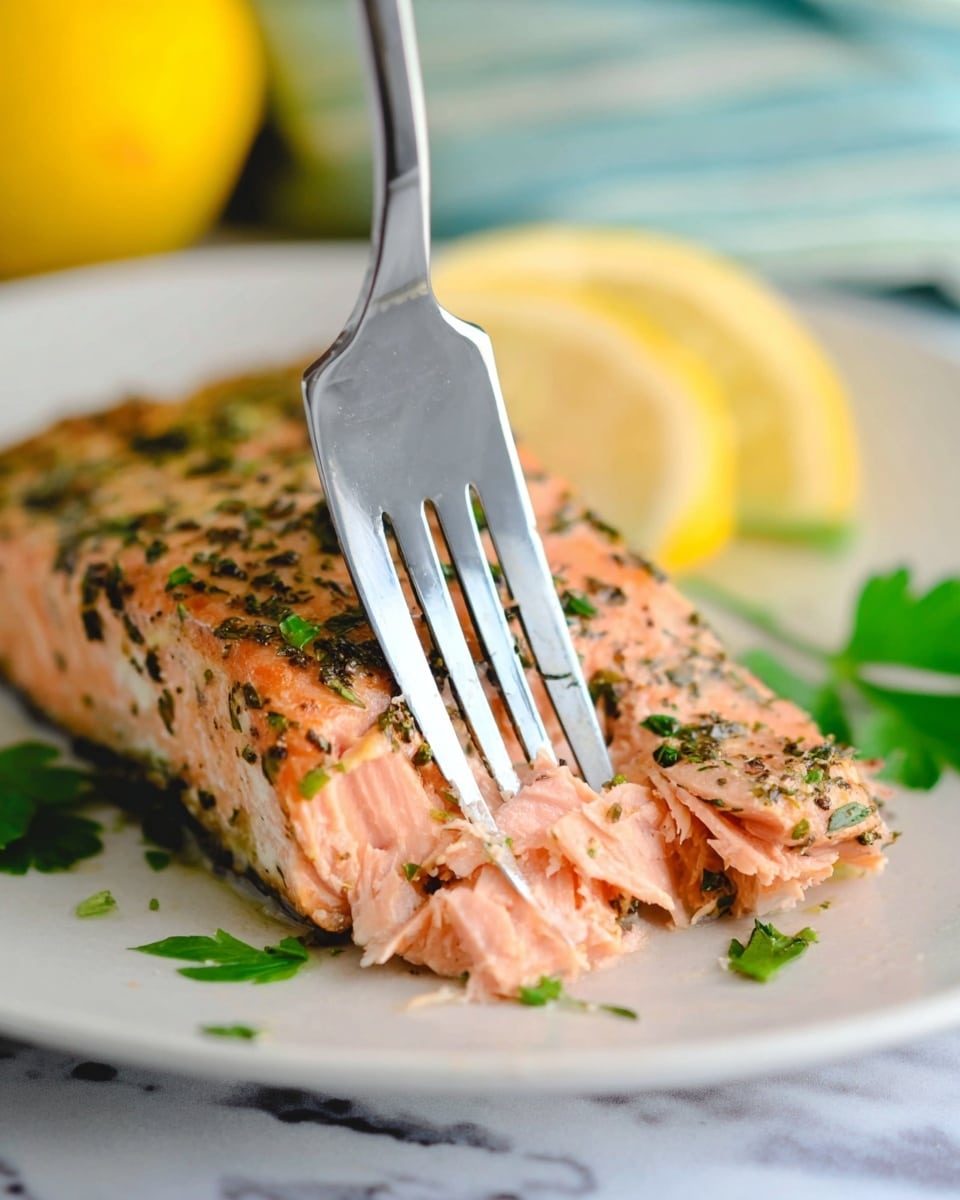 There are two salmon fish fillets on a white plate with a white marbled texture, lying slightly overlapped. The salmon is cooked and orange-pink in color, covered with a layer of brown and green herbs and spices on top. A small green leaf of parsley sits in the middle on the top fillet. In the background, there is a blurry lemon sliced in half showing its yellow inside. A silver fork is placed on the lower right edge of the plate. Some green herbs are scattered around the white plate. photo taken with an iphone --ar 4:5 --v 7