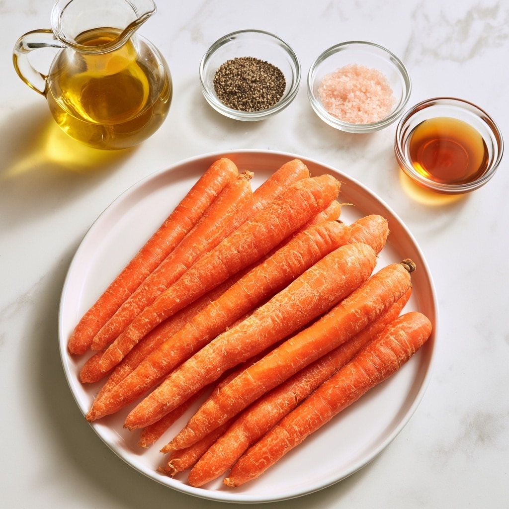 A bunch of bright orange carrots with a slightly rough texture are laid flat in a white round basket on a white marbled surface. Above and to the right of the carrots, there are three small clear glass bowls arranged loosely; one contains coarse black pepper, the second holds light pink salt crystals, and the third is filled with a golden brown maple syrup. To the upper left of the bowls, there is a clear glass jug filled with yellow olive oil with a curved spout. The whole setup is clean and bright, with the items spaced out on the white marbled background. photo taken with an iphone --ar 4:5 --v 7