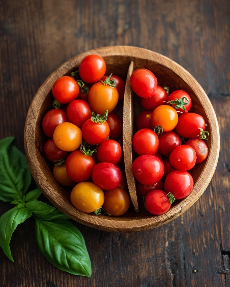A wooden round bowl with two sections holds many small round tomatoes, bright red with a few having orange-yellow shades near the bottom; the tomatoes have smooth shiny skins and some have green stems attached. The bowl sits on a dark wooden surface, and beside the bowl, fresh green basil leaves lay on the surface. The light reflects softly on the tomatoes, highlighting their smooth texture. photo taken with an iphone --ar 4:5 --v 7