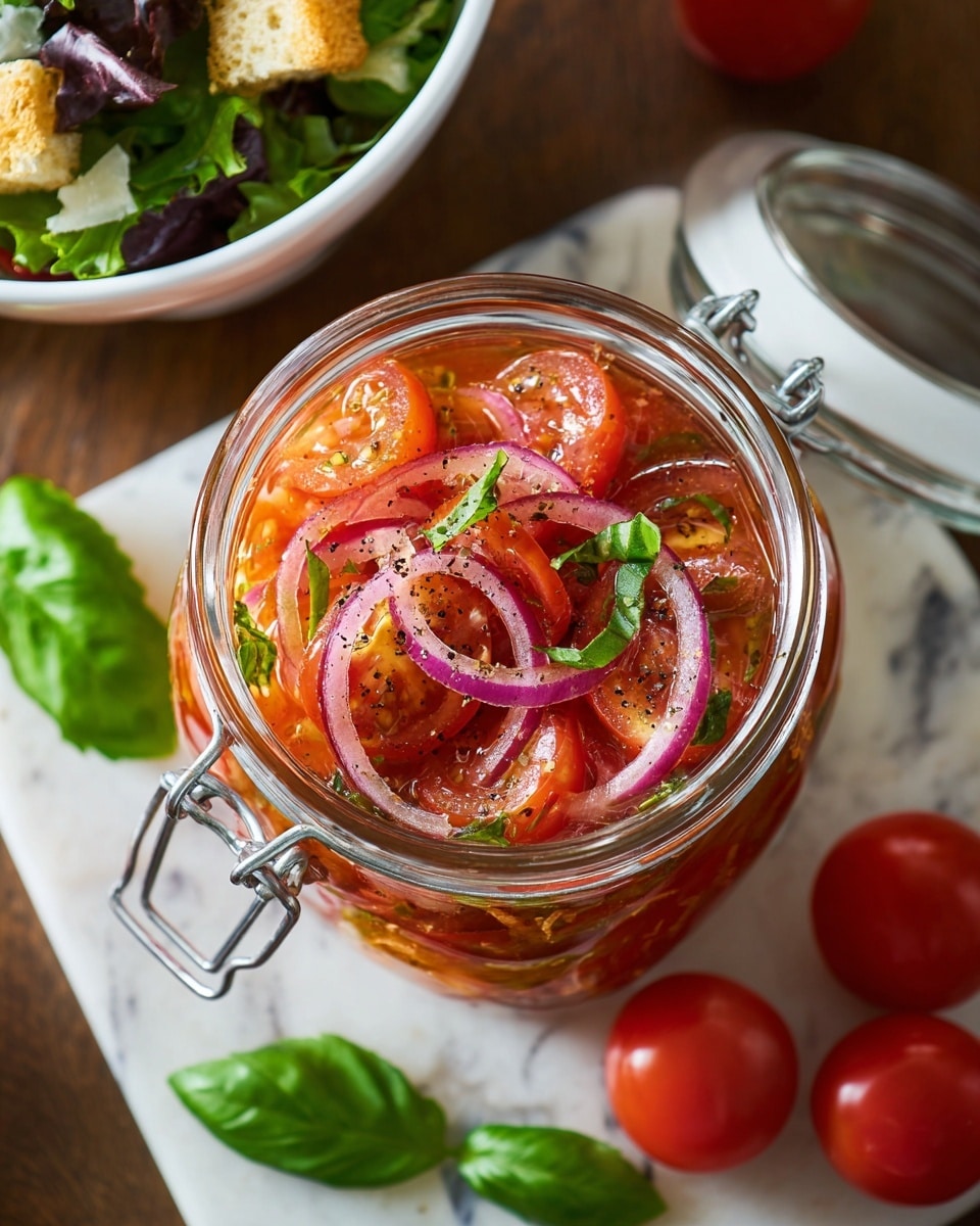 A clear glass jar with a metal clasp is filled with a bright salad made of red tomato pieces, thin slices of purple onion, and green basil strips, all mixed in a light golden liquid with black pepper sprinkled on top. Around the jar, whole red cherry tomatoes and a fresh green basil leaf rest on a white marbled textured surface. In the top left corner, part of a white bowl with green leafy salad, croutons, and some white cheese bits is visible. The photo is taken with an iphone --ar 4:5 --v 7