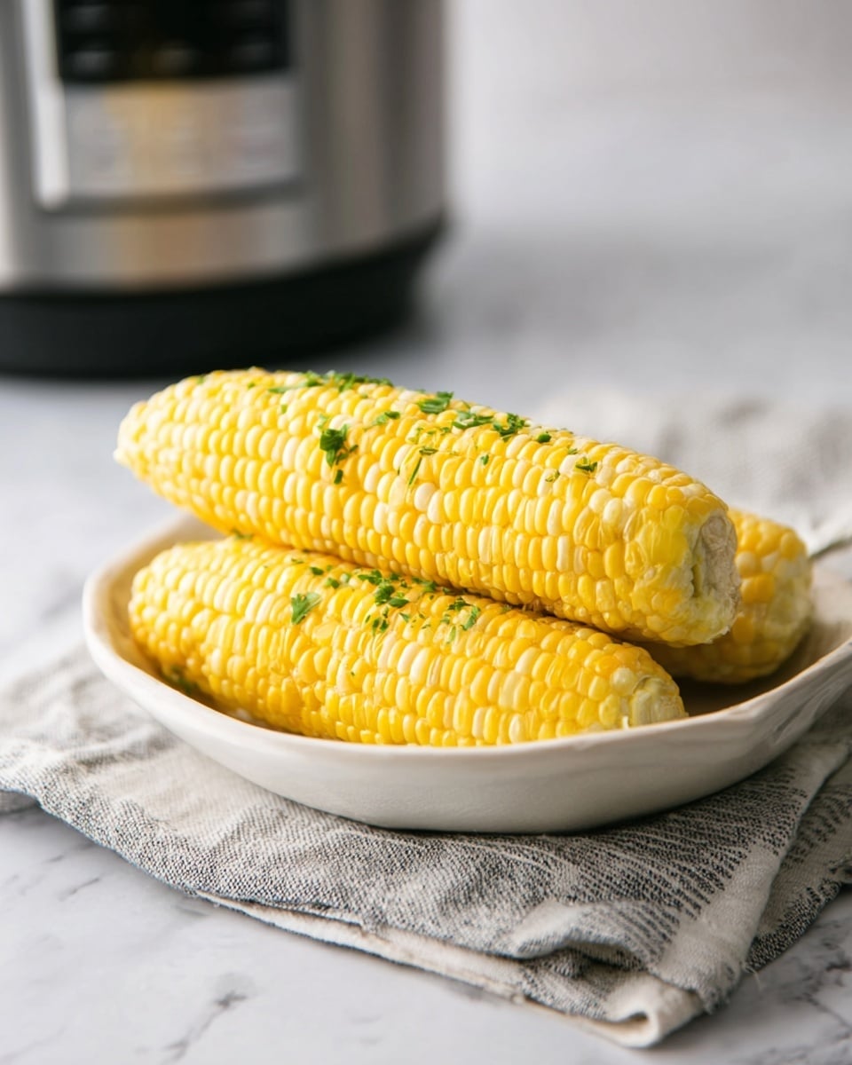 Three light yellow corn cobs with plump kernels are stacked in a white shallow oval bowl. Small bits of green herbs are sprinkled lightly over the corn, adding a touch of color contrast. The bowl rests on a white marbled surface with a soft gray striped cloth nearby. The overall look is fresh and simple, with a focus on the corn’s texture and color photo taken with an iphone --ar 4:5 --v 7