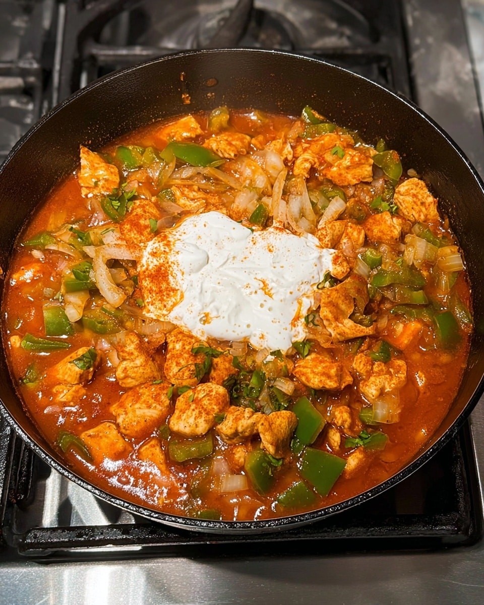A black cast iron pot filled with a stew made of multiple layers, starting with a thick broth base in red-orange color mixed with pieces of cooked green bell peppers and translucent chopped onions. On top of the vegetables are chunks of cooked white chicken meat coated in reddish spices, scattered evenly to cover much of the surface. In the center of the pot sits a dollop of thick, bright white creamy sauce that contrasts with the warm tones of the stew. The pot is set on a stovetop, and the shiny silver area around it is partly visible. Photo taken with an iphone --ar 4:5 --v 7