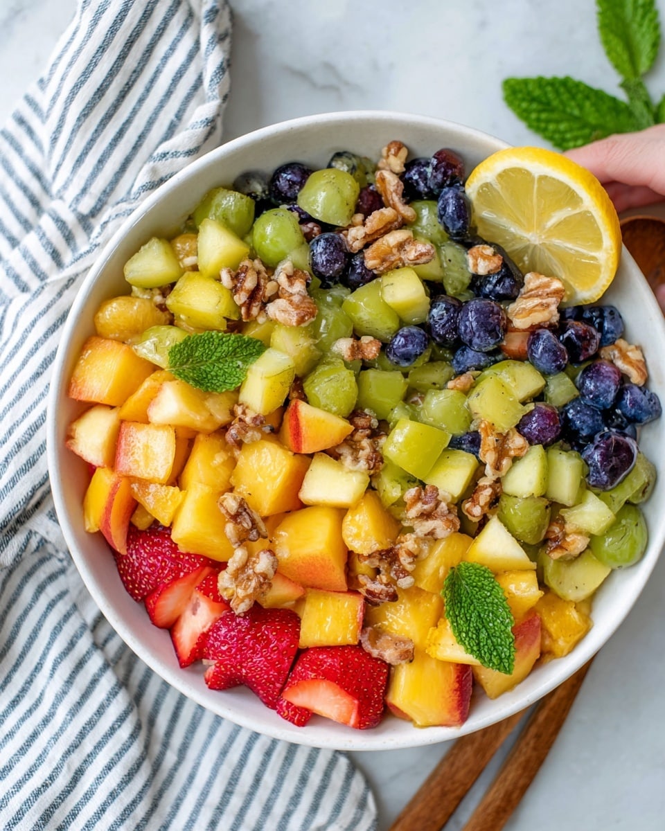 A white bowl filled with a colorful fruit salad showing three main layers: the bottom layer has large chunks of yellow-orange peaches and light yellow apple pieces, the middle layer includes green grapes and small dark blue blueberries, and the top layer shows sliced red strawberries and small walnut pieces mixed throughout. Two bright green mint leaves and a lemon wedge with yellow rind sit on the side of the bowl for garnish. The bowl rests on a white marbled surface with a striped cloth, part of a wooden spoon, and a woman’s hand near the top edge visible. Photo taken with an iphone --ar 4:5 --v 7