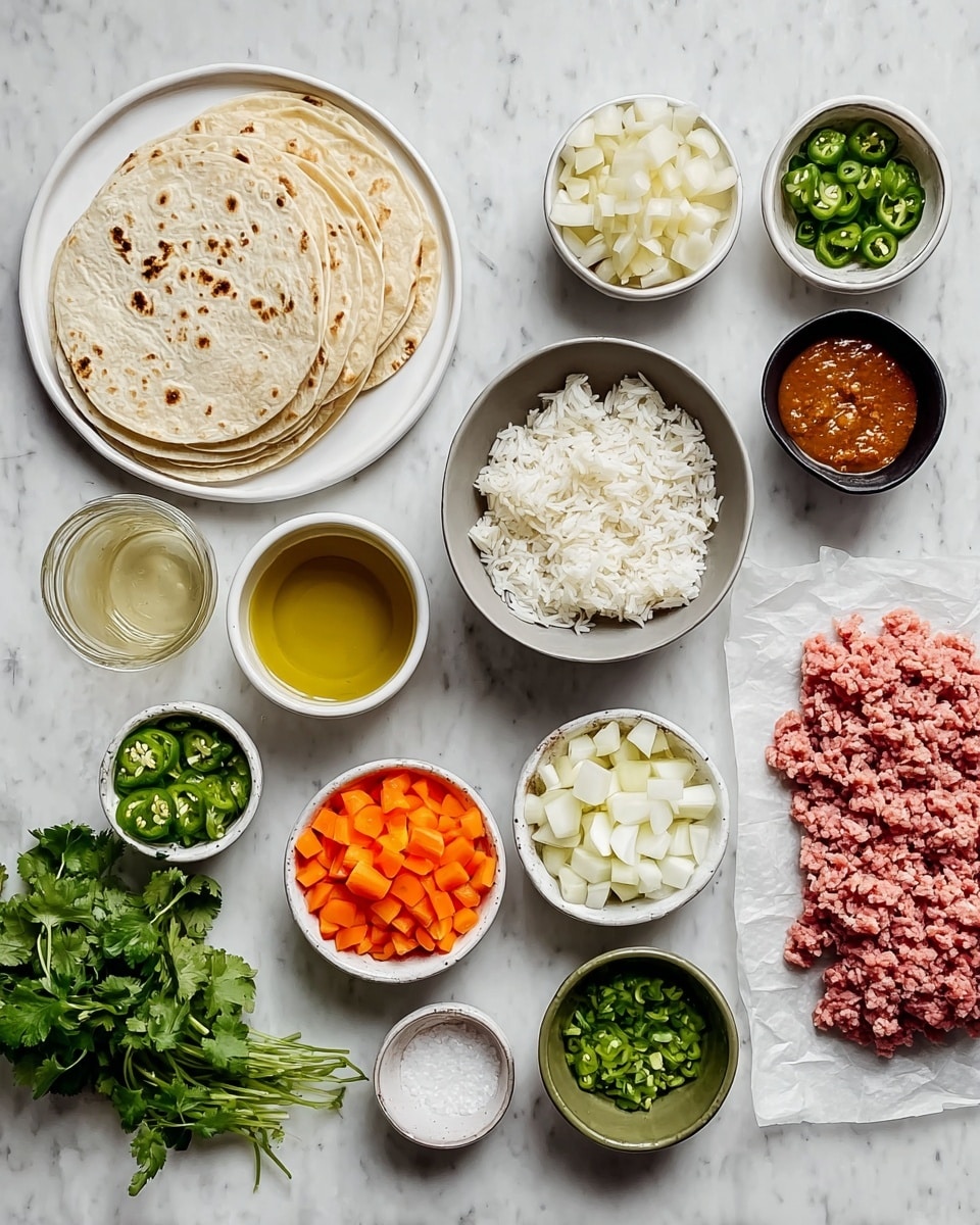 The image shows an organized layout of cooking ingredients placed on a white marbled surface. There is a stack of white corn tortillas on a white plate with some toasted spots. Next to it, a gray bowl holds a serving of white rice. Several small white bowls contain various spices and ingredients, including chopped green jalapeño peppers, diced white potatoes, shredded orange carrots, chopped white onions, minced garlic, and green diced celery. There is also a pile of raw ground meat resting on white parchment paper. Additional elements include a small bowl with olive oil, a green bowl with red paste, a small black bowl with salt, and fresh green cilantro leaves beside a jar with light-colored broth or stock. photo taken with an iphone --ar 4:5 --v 7