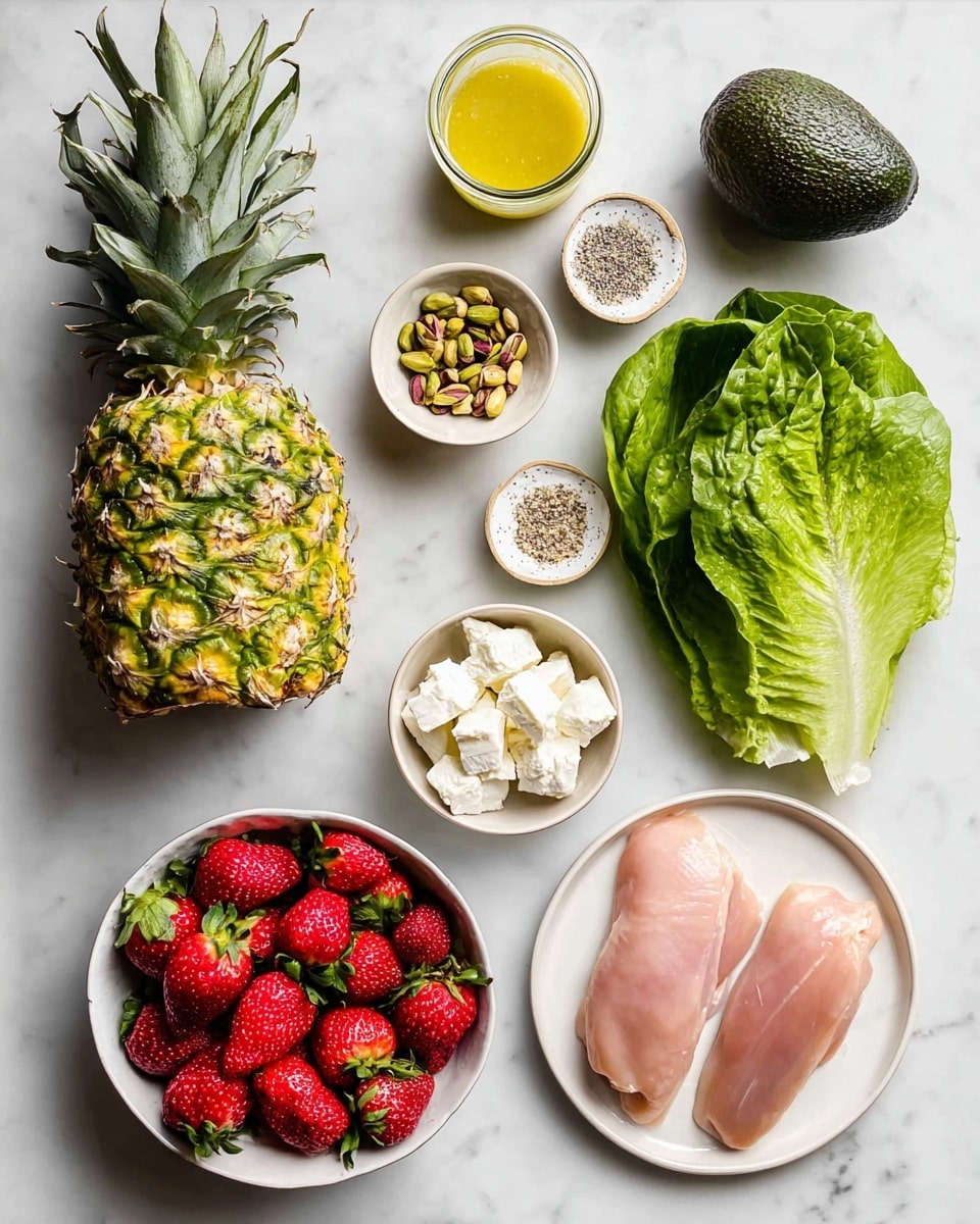 A white marbled surface shows fresh ingredients arranged neatly: on the left, a whole green and yellow pineapple with pointed leaves, below it a white bowl filled with bright red strawberries with green tops, next to it a white bowl with white goat cheese, and a small round white bowl of mixed pistachios. To the right, a large dark green avocado sits above vibrant green romaine lettuce leaves. Above the avocado, there is a small white bowl with a brownish chicken seasoning mix, and to its left, a narrow glass jar filled with yellow poppy seed dressing. Next to the jar on the right, a larger white plate holds two raw pale pink chicken breasts. On the top right corner, a small round dish with white and darker seasoning completes the layout. The arrangement is clean and well spaced. Photo taken with an iphone --ar 4:5 --v 7