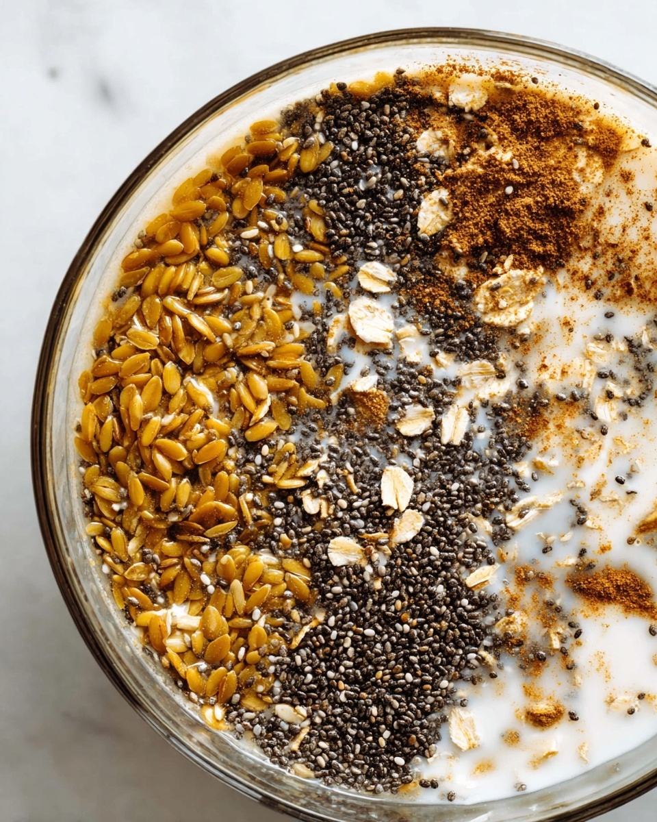 This image shows a close-up view of a mixture in a clear glass bowl on a white marbled surface. The mixture has three main visible layers: on one side, there is a thick layer of golden flax seeds with a shiny, smooth texture; next to it, a dense layer of small black chia seeds with some sprinkled white chia seeds mixed in; and the final layer shows creamy white oats mixed with a pale liquid, likely milk, scattered with some cinnamon powder that adds small brown specks throughout. The ingredients are unevenly mixed, showcasing the distinct textures and colors of each component. Photo taken with an iphone --ar 4:5 --v 7