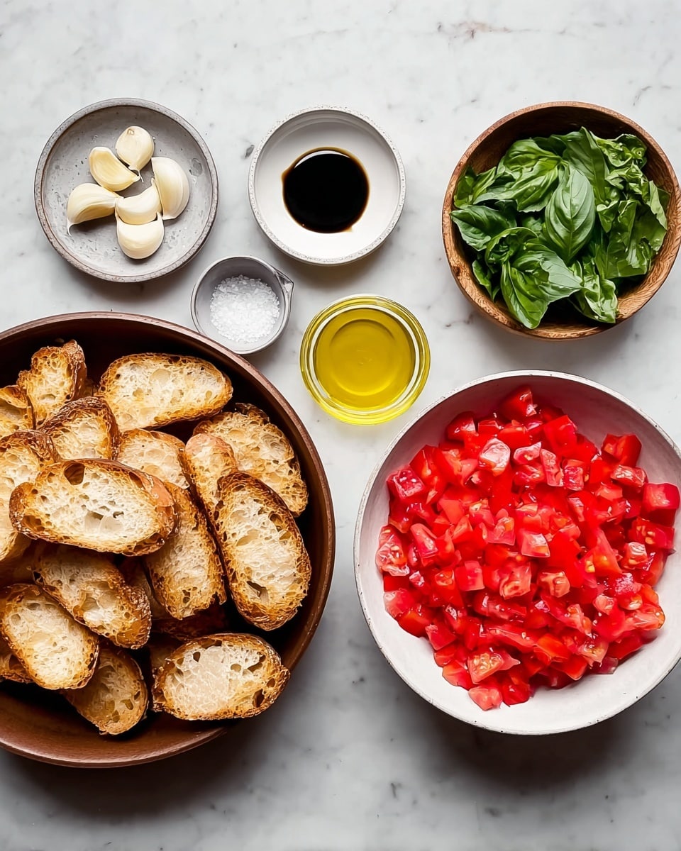 The image shows a top view of several ingredients on a white marbled surface. There is a large brown bowl filled with slices of toasted bread on the left side. To the right of it, there is a white bowl filled with bright red chopped tomatoes. Above the tomato bowl, there are three small dishes: a small round white plate with four garlic cloves, a small white bowl with dark balsamic vinegar, and a small glass container holding golden olive oil. A small gray bowl with coarse salt is placed between the toasted bread and the vinegar bowl. A wooden bowl filled with fresh green basil leaves is positioned to the right of the garlic plate. The colors show a mix of warm browns, bright red, deep green, white, and black. Photo taken with an iphone --ar 4:5 --v 7