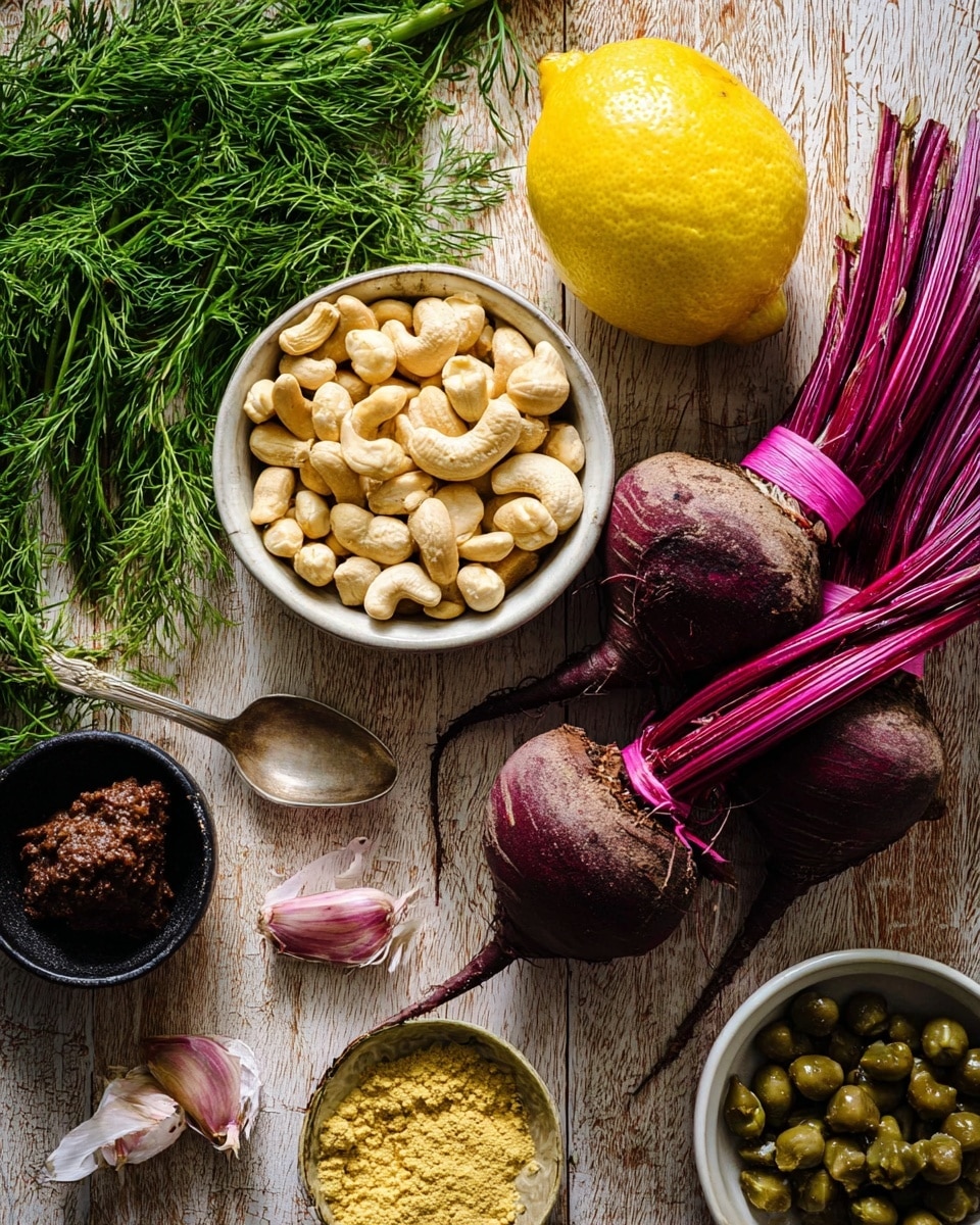 The image shows a group of fresh ingredients arranged on a wooden table with a white marbled texture background. In the center right are several whole beets with deep purple skin and bright pinkish-red stems tied with a pink band. Above the beets, a whole bright yellow lemon stands out. To the left, a white bowl filled with light beige cashew nuts sits beside a bunch of fresh green dill leaves. There is a single purple garlic clove placed just below the lemon. A spoon with a mound of dark brown paste lies at the bottom left. At the bottom center, a black bowl holds light yellow powder or flakes. On the top right, another white bowl contains small green capers. The mix of colors and textures creates a rustic and natural feel photo taken with an iphone --ar 4:5 --v 7