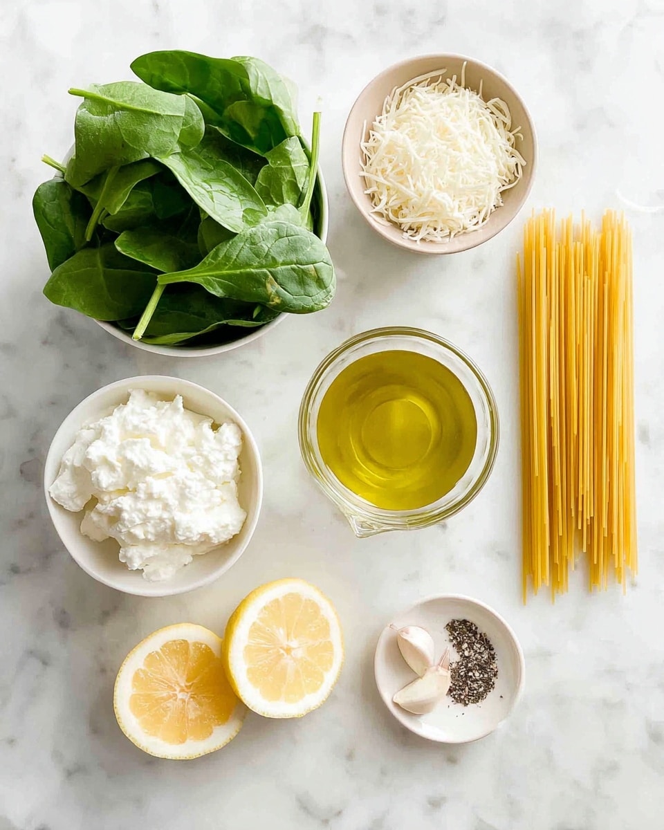 The image shows seven ingredients arranged on a white marbled surface. On the top left is a white bowl filled with fresh, green spinach leaves, vibrant and smooth in texture. To its right is a beige bowl holding finely grated white cheese with a soft texture. Next to it on the far right is a small pile of long, uncooked yellow pasta sticks lined up neatly. Below the spinach, there is a white bowl filled with soft, white ricotta cheese, fluffy in appearance. To the right of this bowl, there is a clear glass container with light golden olive oil visible inside with a reflective surface. Below the olive oil, two lemon halves, bright yellow with juicy interiors, lie next to each other. On the bottom right, a small white plate contains a peeled garlic clove paired with small piles of coarse salt and black pepper. photo taken with an iphone --ar 4:5 --v 7