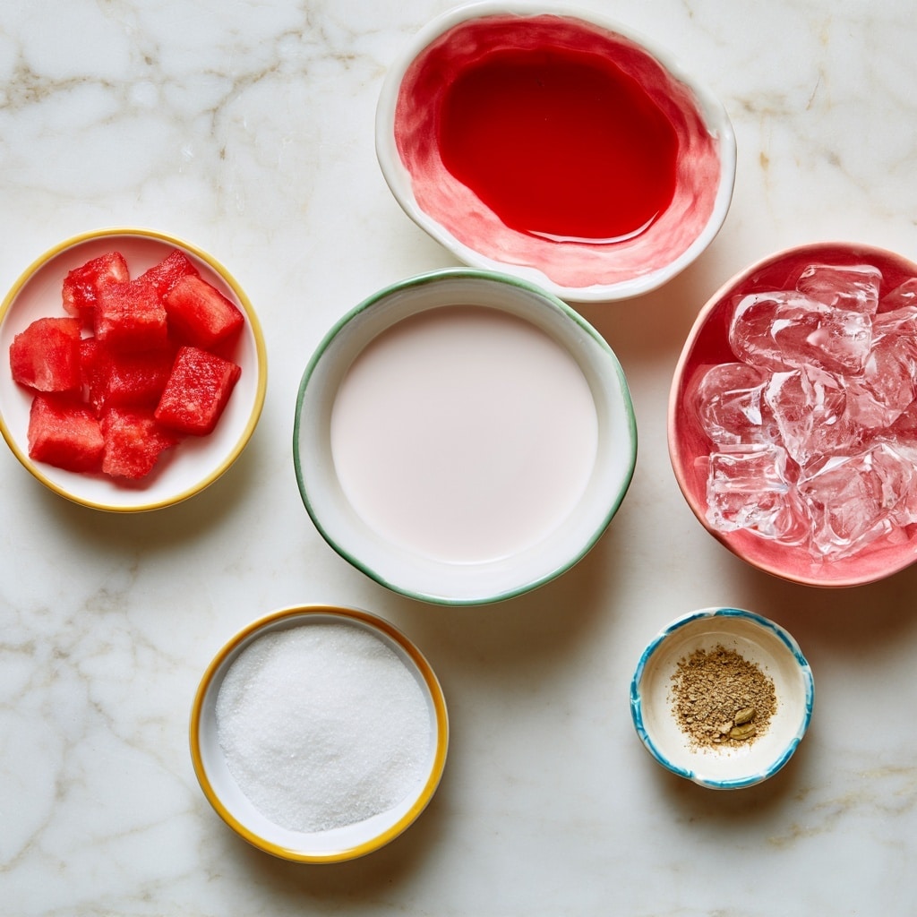 Six small bowls are placed on a white marbled surface, each holding different ingredients for a recipe. The largest bowl in the center is white with a green rim and is filled with white milk. Above it, there is a white bowl with a pink outer surface filled with red Rooh Afza syrup. To the left, a white bowl with a yellow rim holds small red cubes of watermelon. To the right of the Rooh Afza bowl is another white bowl with a pink outer surface filled with clear ice cubes. Below the milk bowl, there is a yellow-rimmed bowl containing white sugar. Finally, a small white bowl with a blue rim holds light brown cardamom powder. Each bowl's contents are clear and distinct. photo taken with an iphone --ar 4:5 --v 7