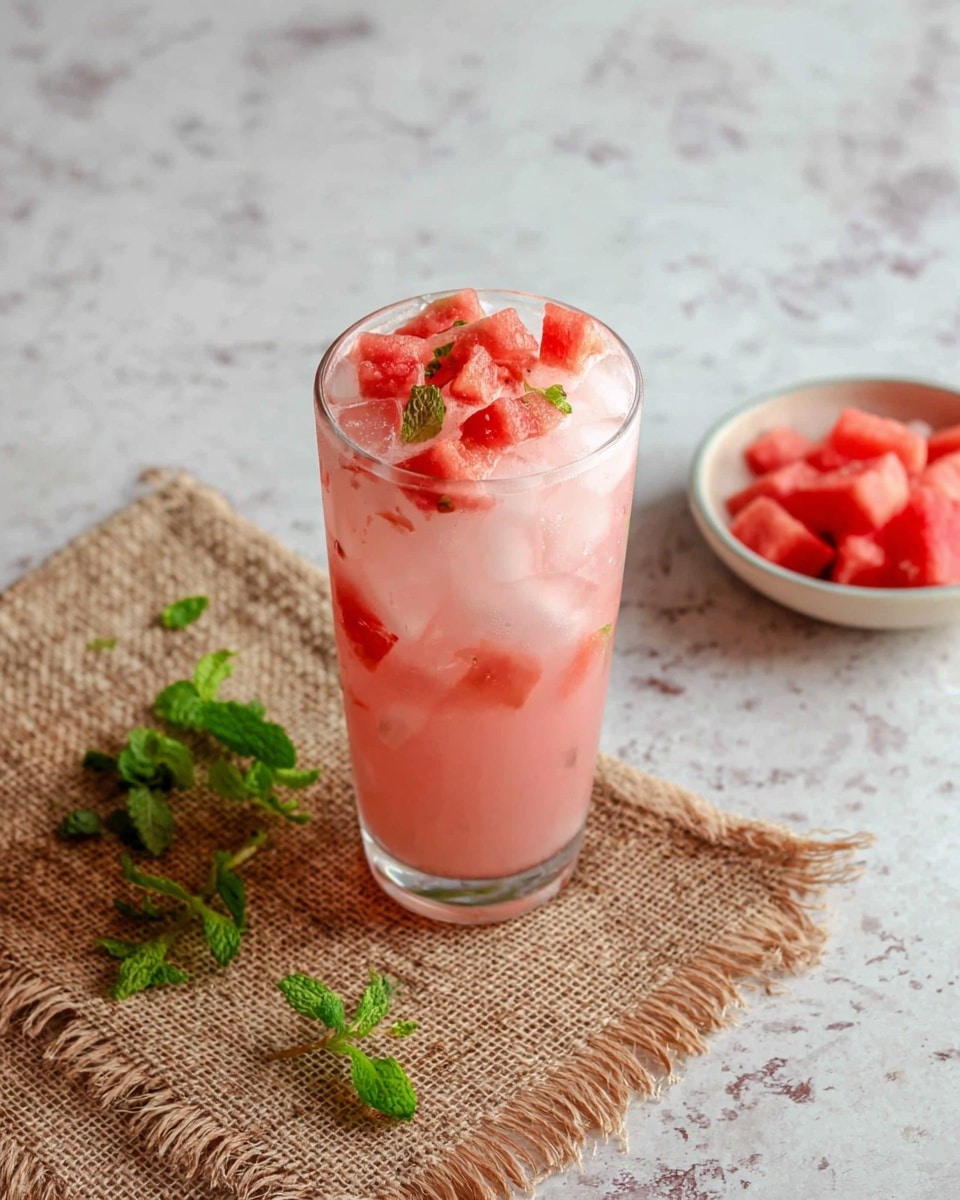 A tall clear glass shows a pink drink filled mostly with white ice cubes, and on top there are small bright red watermelon pieces scattered. The glass is set on a rough light brown burlap cloth with frayed edges. Near the glass, there are fresh green mint leaves laid on the white marbled surface. In the top right corner, a small white bowl holds more bright red watermelon chunks. The scene is bright and fresh, with the white marbled textured surface beneath everything photo taken with an iphone --ar 4:5 --v 7