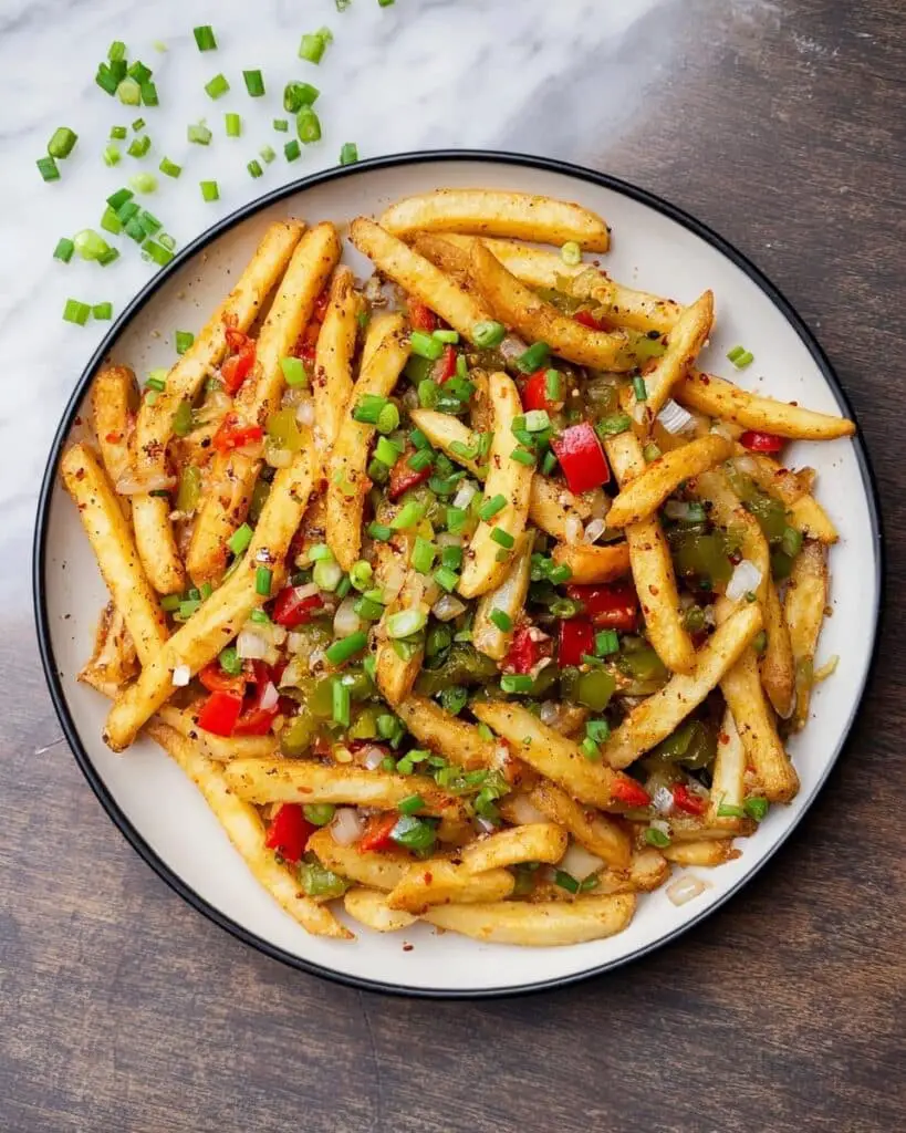 Air Fryer Salt and Pepper Chips with Roasted Peppers and Onion Recipe