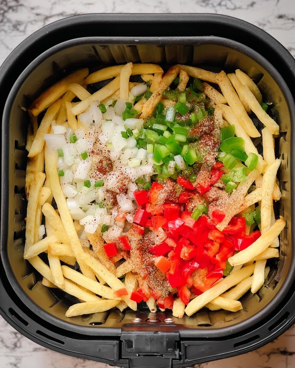 An air fryer basket filled with three main layers: the bottom layer is pale yellow thick French fries spread evenly, the middle layer shows chopped white onions scattered mostly to the left side, and the top layer has diced green and red bell peppers positioned at the center and right sides. The top of the vegetables and fries is sprinkled with various spices, including white salt crystals, brown cinnamon-like powder, and red pepper flakes, giving a mixed light dusting effect. The basket is black, and the background visible outside the basket is a white marbled texture. photo taken with an iphone --ar 4:5 --v 7