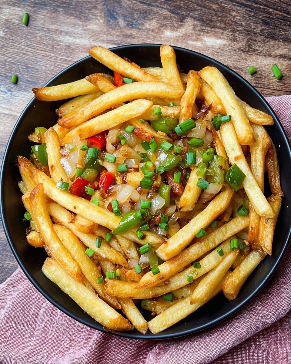 A black bowl filled with one main layer of golden French fries that are slightly crispy, mixed with small pieces of grilled green and red bell peppers along with translucent cooked onion chunks scattered evenly throughout, topped with finely chopped bright green onions. The bowl sits on a wooden surface with a soft pink cloth partially underneath it. photo taken with an iphone --ar 4:5 --v 7