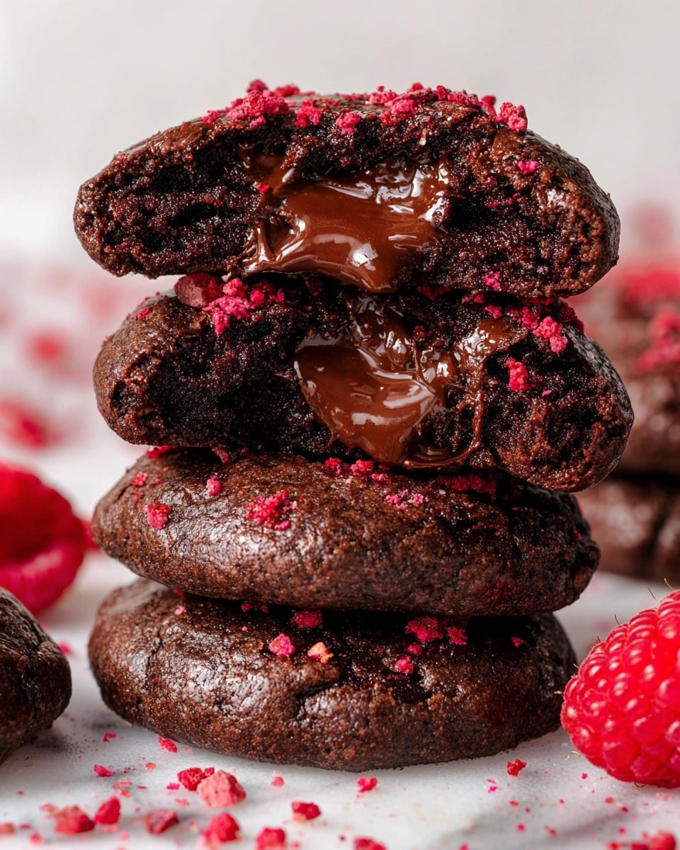 The image shows many dark brown chocolate cookies with a soft, slightly cracked texture and small light brown chocolate chips inside. Each cookie has a center sprinkled with bright red crushed raspberry pieces. The cookies are laid out on a white marbled surface. Around the cookies, there are fresh whole raspberries and two small white bowls, one filled with fresh raspberries and the other filled with crushed red raspberry powder. The colors are warm, with the dark chocolate and bright red raspberries standing out against the white background. photo taken with an iphone --ar 4:5 --v 7