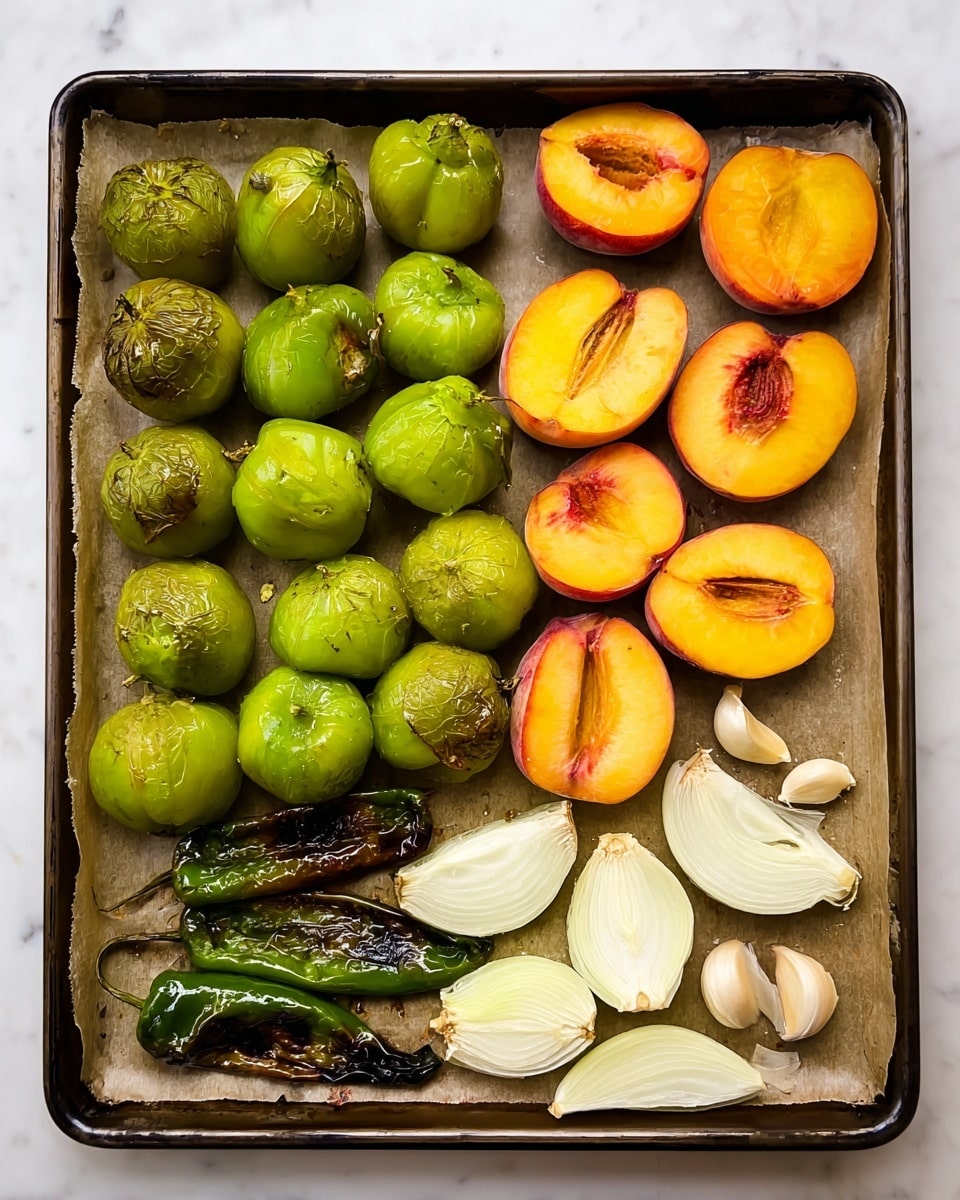 A roasting pan lined with parchment paper holds three main groups of food items arranged in neat rows. On the left side, there are 14 green tomatillos, some with dark roasted spots and wrinkled skins. On the right side above, there are 12 peach slices showing a gradient from reddish-orange skin to golden-orange flesh. Below the peach slices, there are four wedges of white onion with slightly browned edges. In the bottom left corner, there are four dark green charred peppers with shiny skins. Scattered near the middle are five cloves of garlic with pale skins. The pan sits on a white marbled surface. Photo taken with an iphone --ar 4:5 --v 7