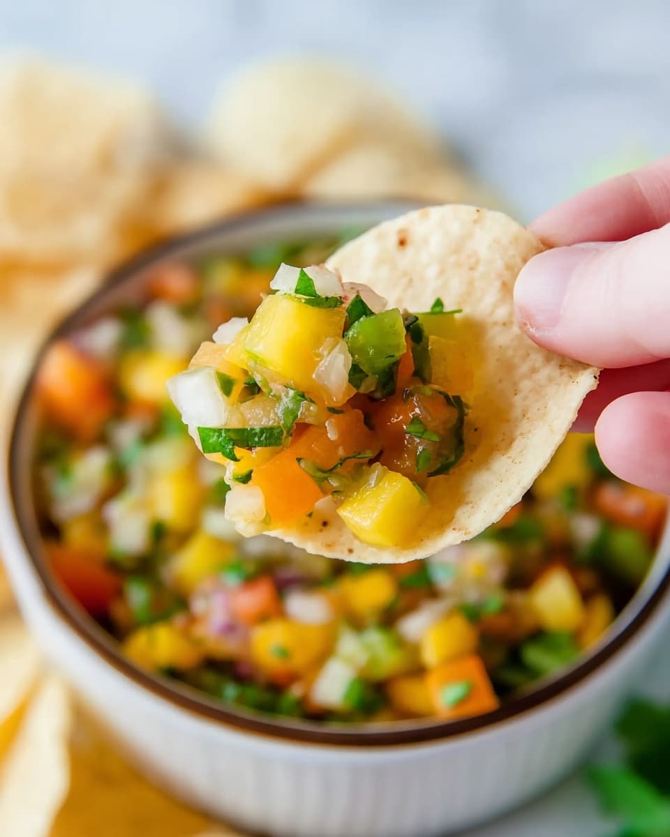 A woman's hand is holding a light beige chip topped with a small scoop of fresh salsa made of diced yellow, orange, and green fruits and vegetables mixed with small green leaves and bits of white onion. The chip is held in front of a white bowl filled with more colorful salsa composed of the same ingredients, showing a mix of rough, shiny, and soft textures. The background is a softly blurred white marbled surface with hints of additional chips. Photo taken with an iphone --ar 4:5 --v 7