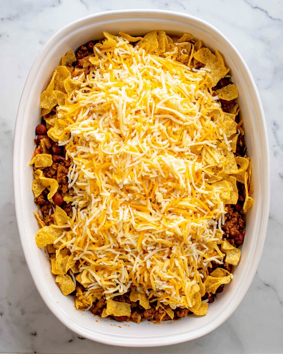 A white oval baking dish sits on a white marbled surface, filled with three visible layers. The bottom layer is dark brown cooked ground meat mixed with beans. The middle layer consists of yellow and light brown crunchy corn chips spread evenly across the meat. The top layer is a generous mound of shredded cheese in pale yellow and white colors, loosely scattered to cover the chips but still showing bits of them underneath. Photo taken with an iphone --ar 4:5 --v 7